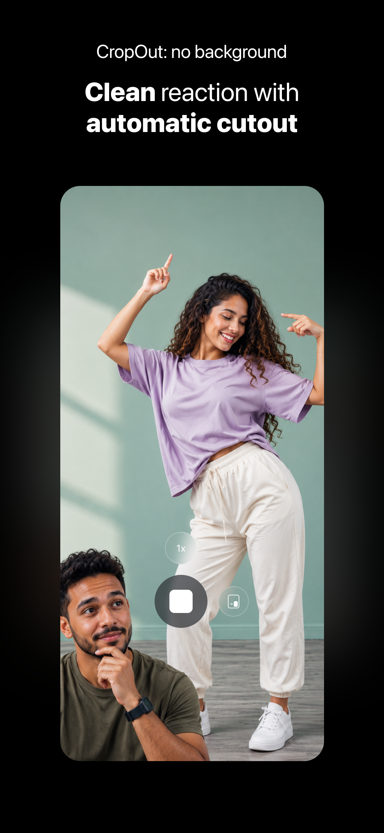 DuoTake CropOut preview showing an automatic cutout reaction over a full-screen camera view.
