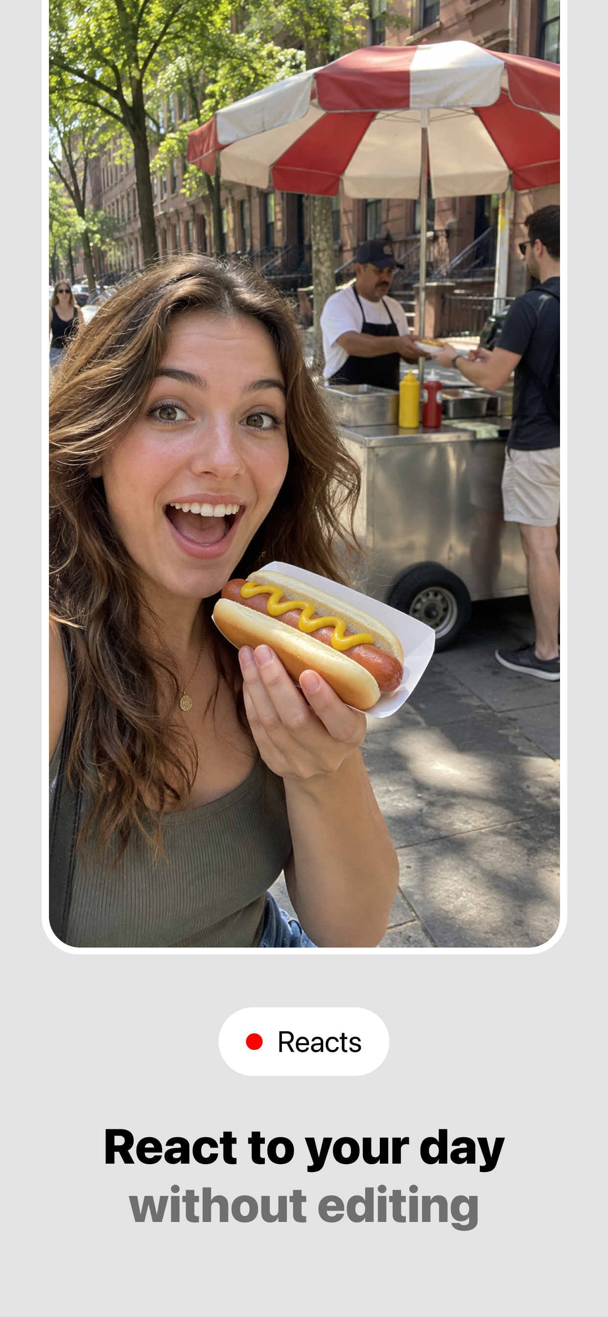 DuoTake react of a creator tasting a hot dog at a street cart, with the vendor in the background.