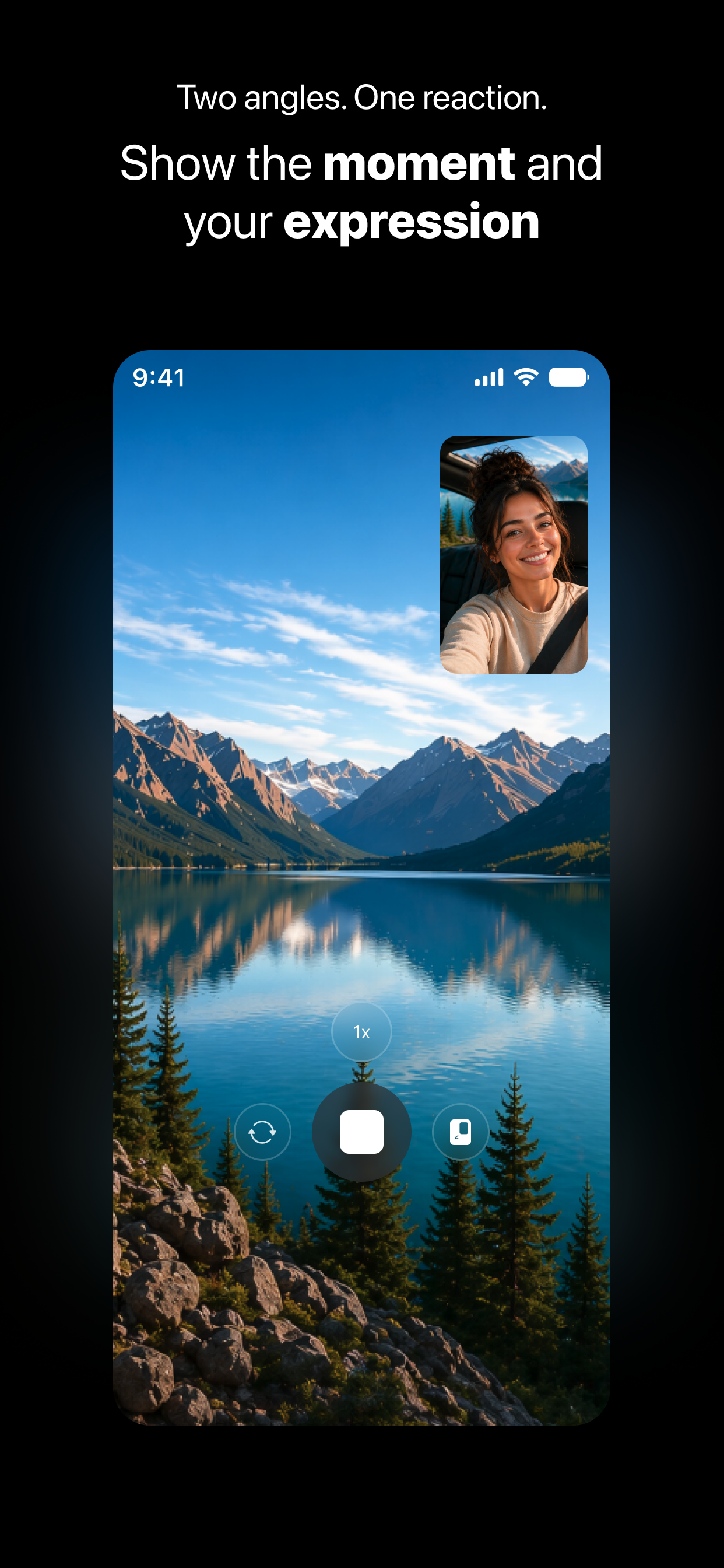 DuoTake dual-camera recording screen showing a mountain view with a selfie reaction overlay.