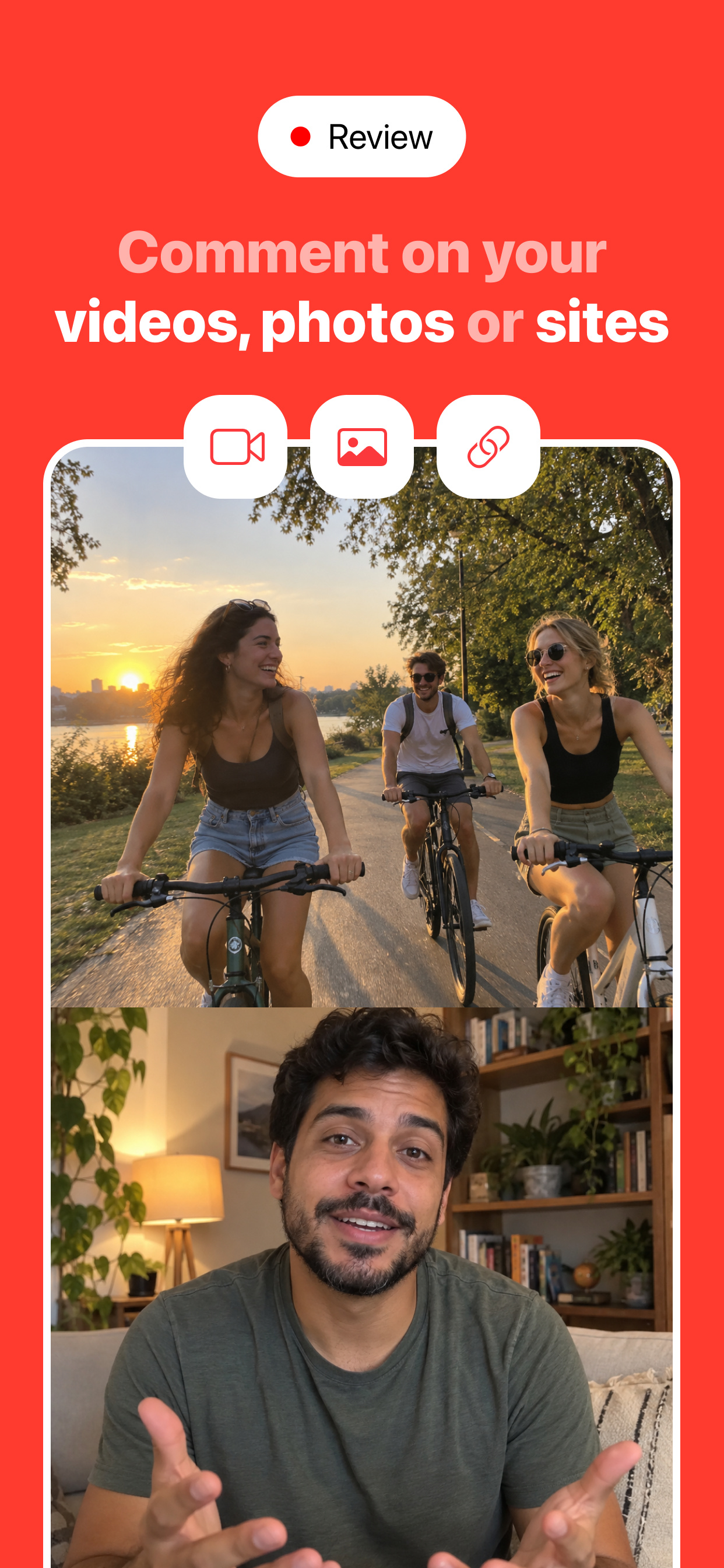 DuoTake review layout with a video of friends cycling in a park on top and a creator commenting below, plus video, image and link import buttons.