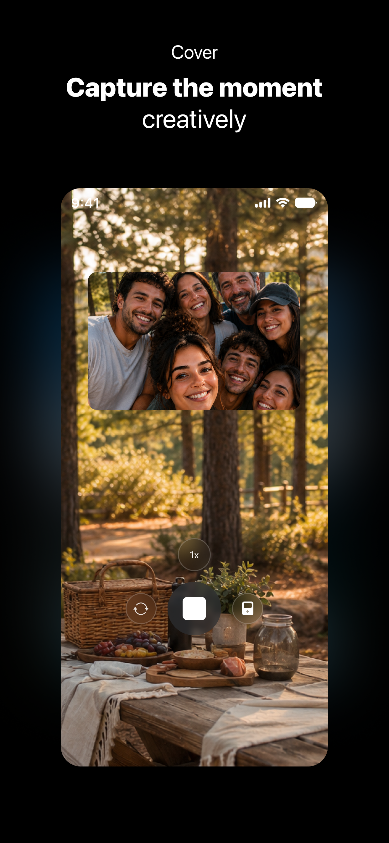 DuoTake Cover layout showing a full-screen picnic scene with a group selfie camera overlaid.