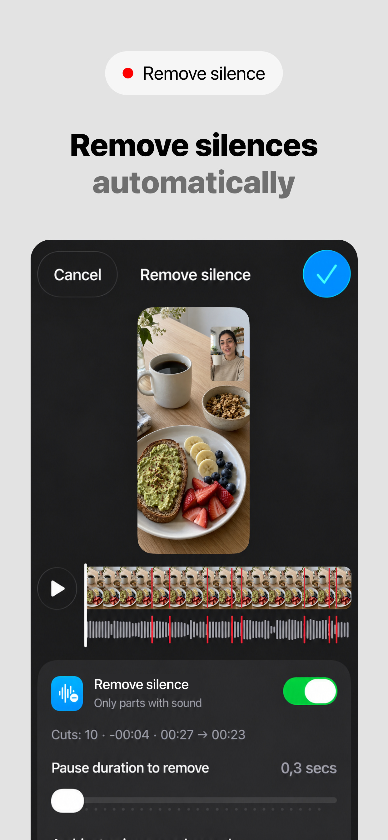 DuoTake Remove silence screen with the cuts marked in red on the timeline and the pause duration setting.