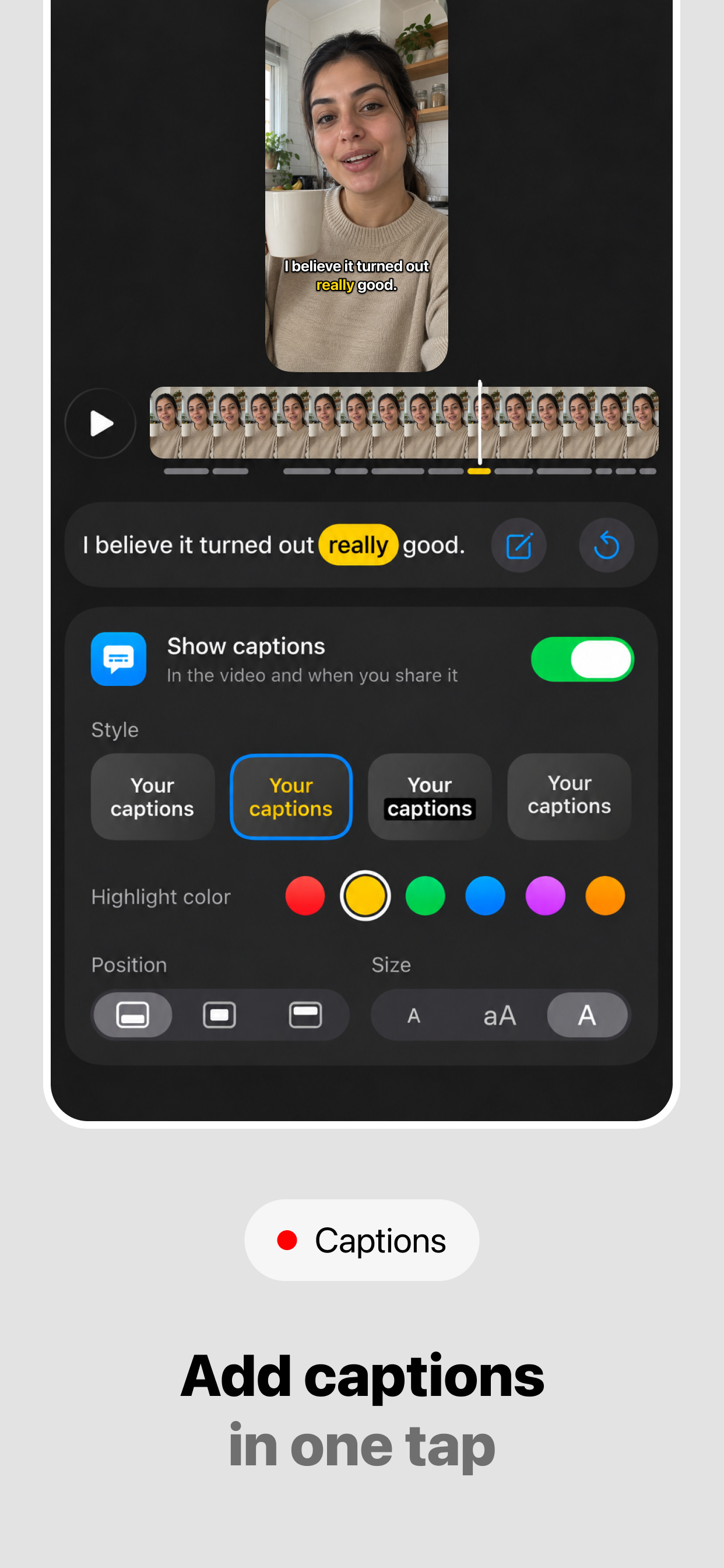 DuoTake caption editor with a highlighted word, caption style options, highlight colors, position and size controls.