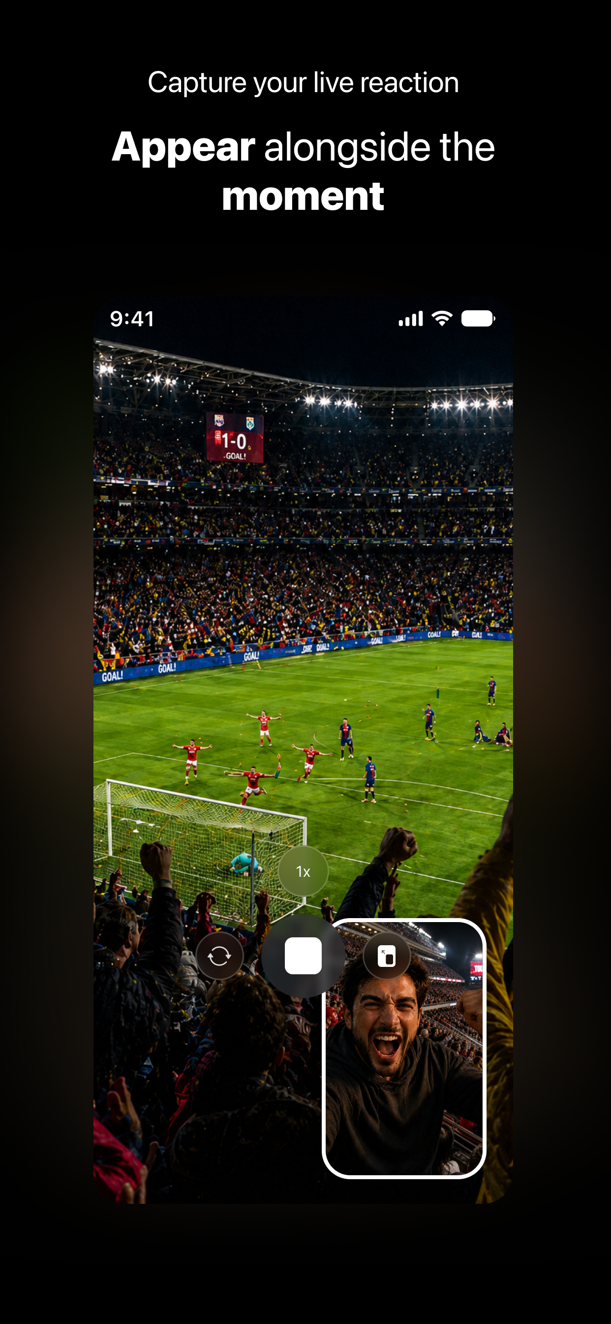 DuoTake live reaction recording at a stadium with a reaction camera overlay.