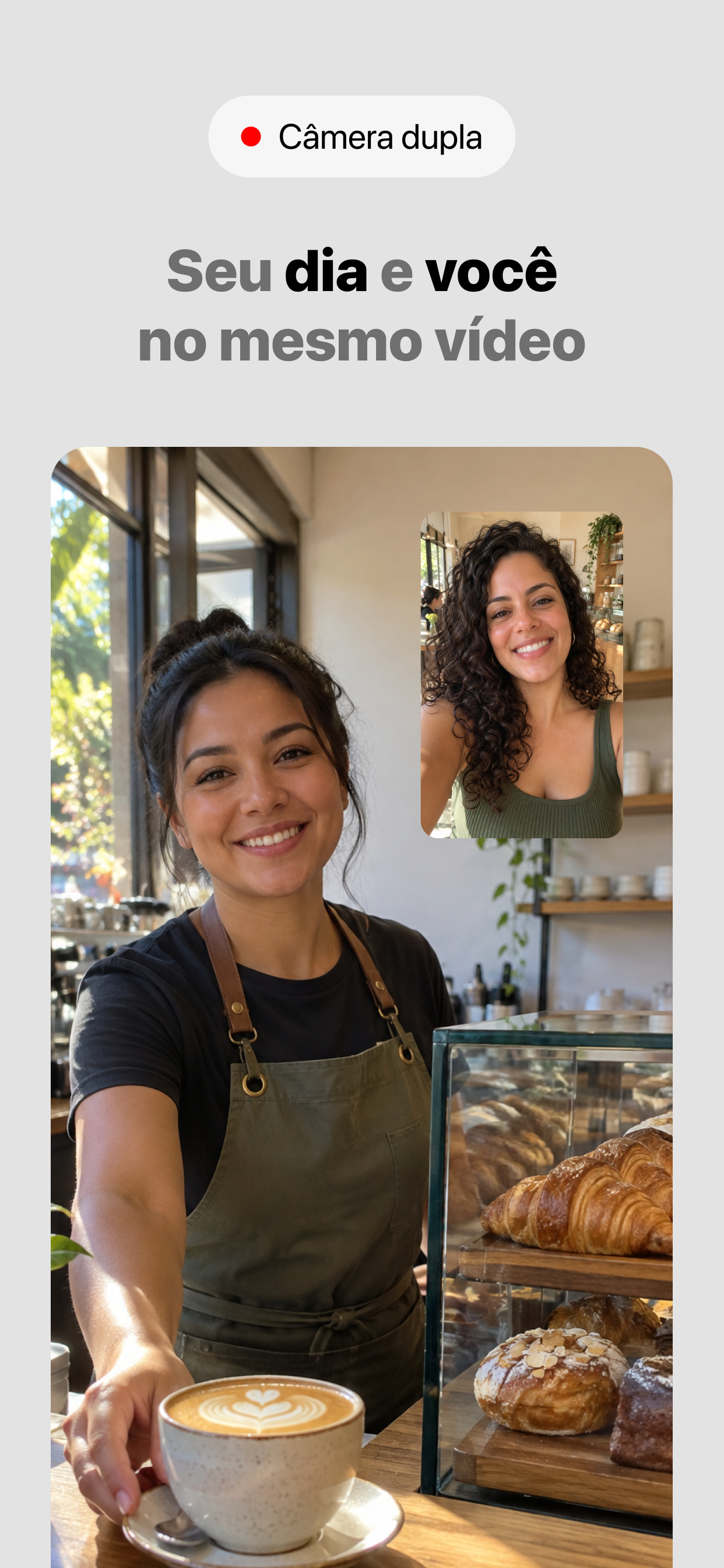 Captura com câmera dupla do DuoTake de uma barista servindo um café em uma cafeteria com o rosto sorridente da criadora em picture-in-picture.