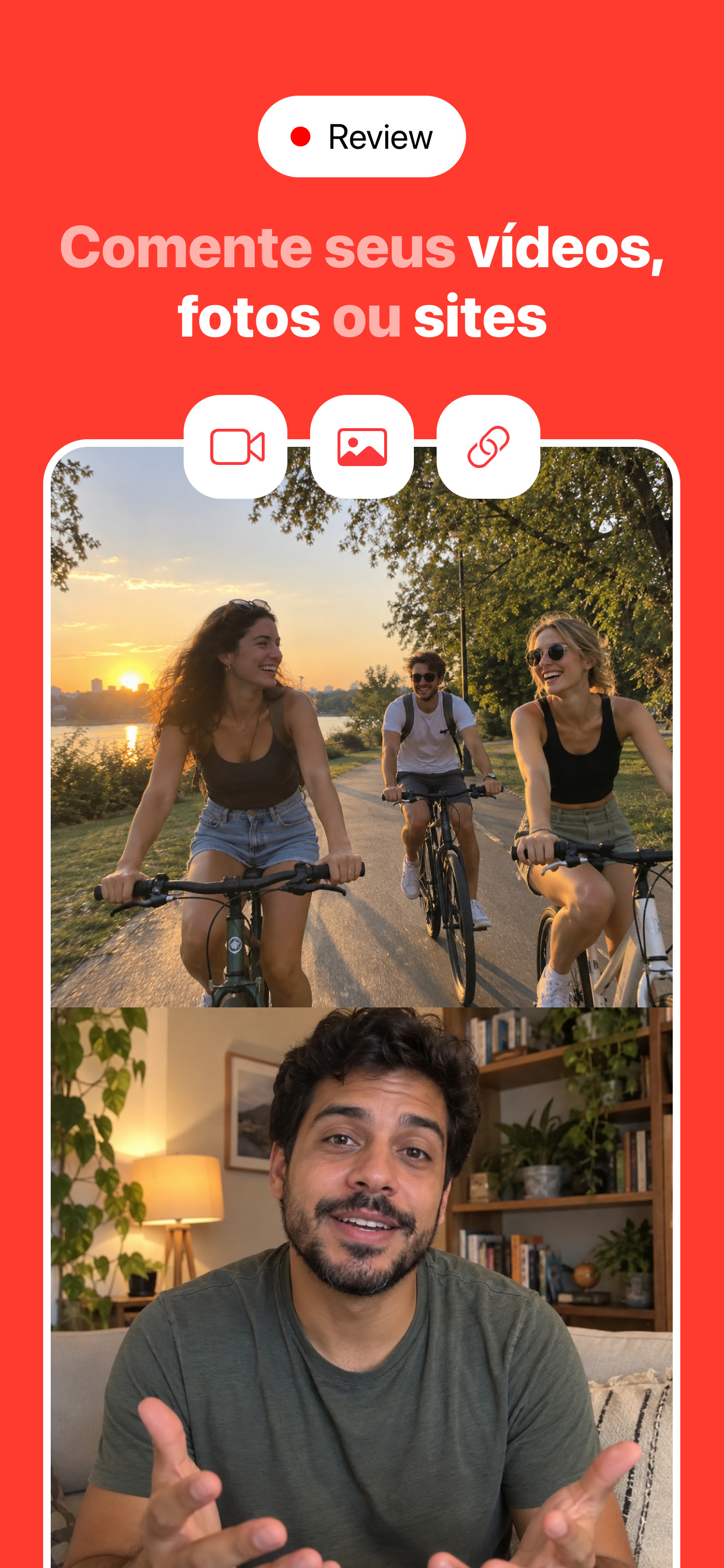 Layout de review do DuoTake com um vídeo de amigos pedalando no parque em cima e um criador comentando embaixo, com botões para importar vídeo, imagem e link.