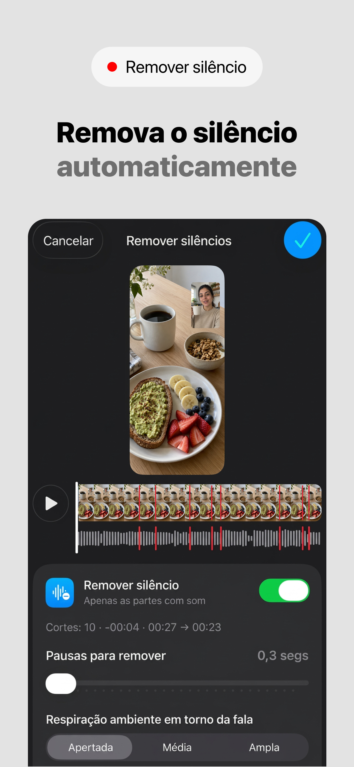 Tela Remover silêncio do DuoTake com os cortes marcados em vermelho na linha do tempo e o ajuste de duração da pausa.