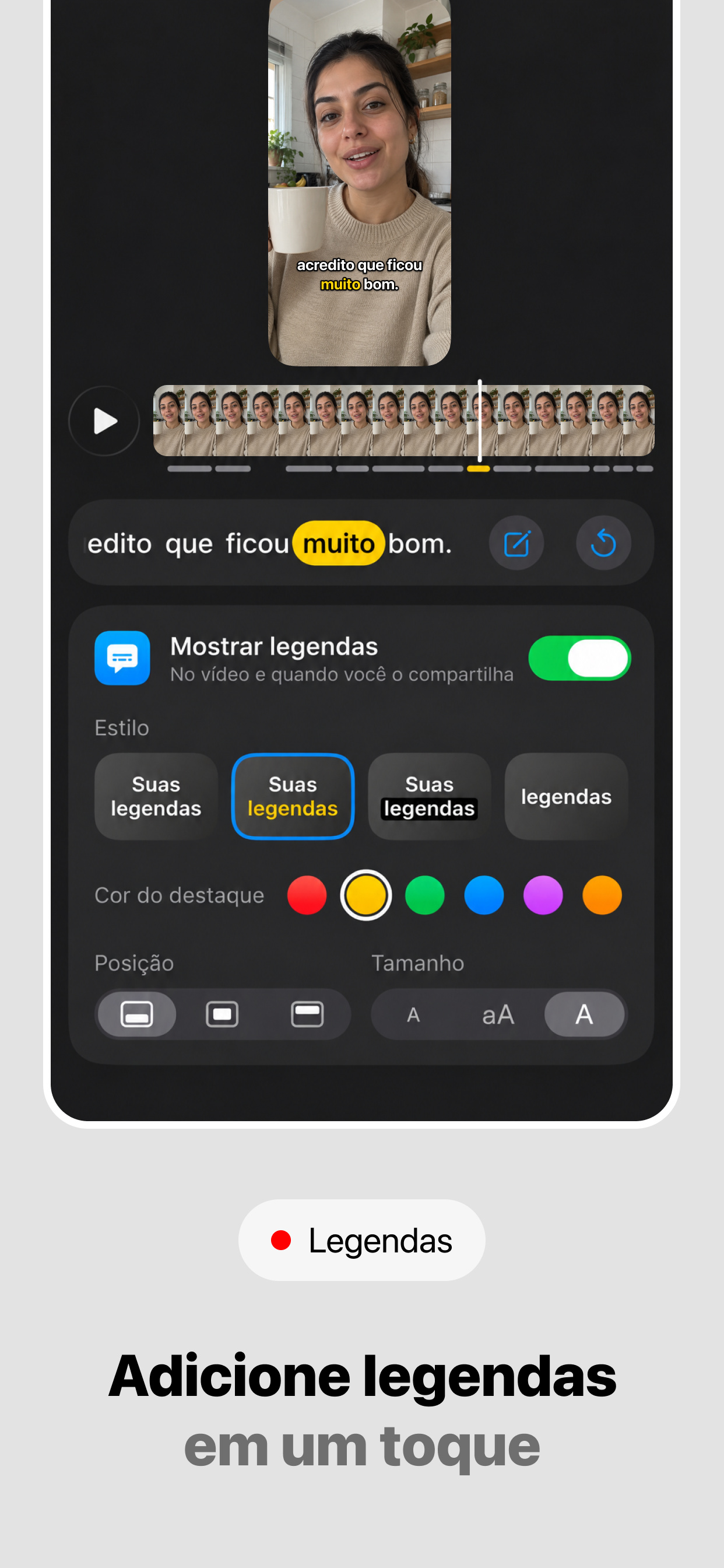 Editor de legendas do DuoTake com palavra destacada, opções de estilo, cores de destaque e controles de posição e tamanho.