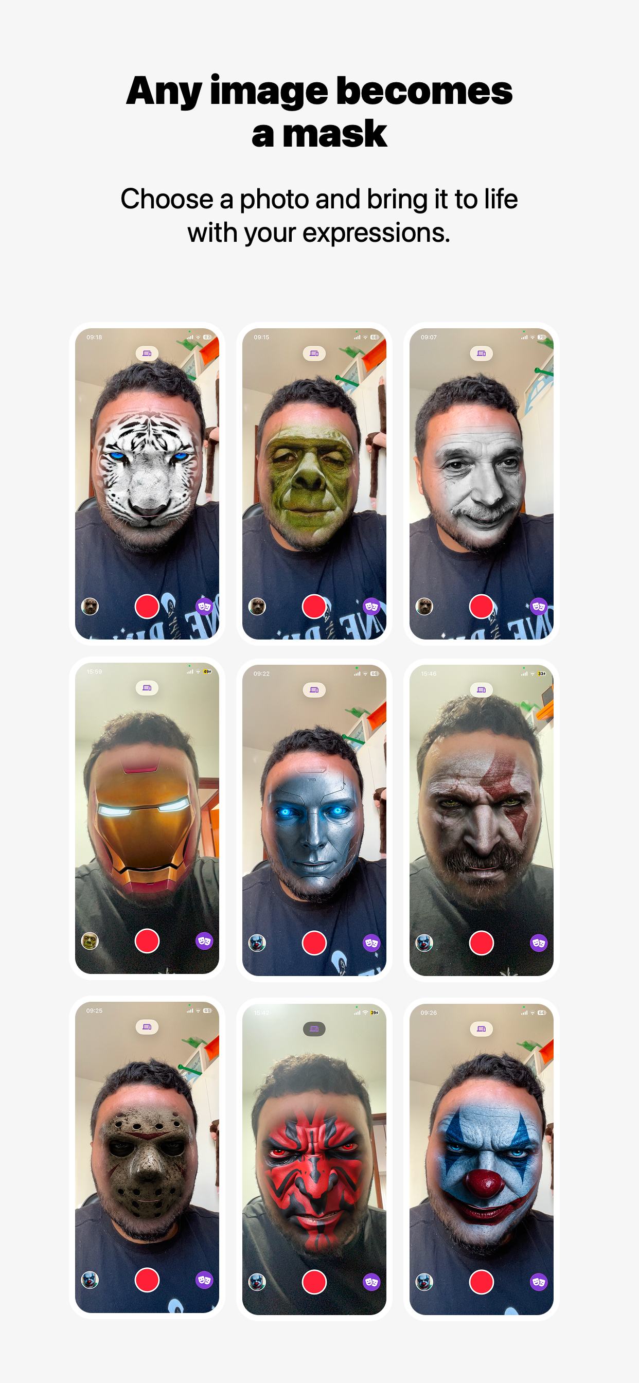 GiggleFace camera previews showing nine custom face masks created from different images.