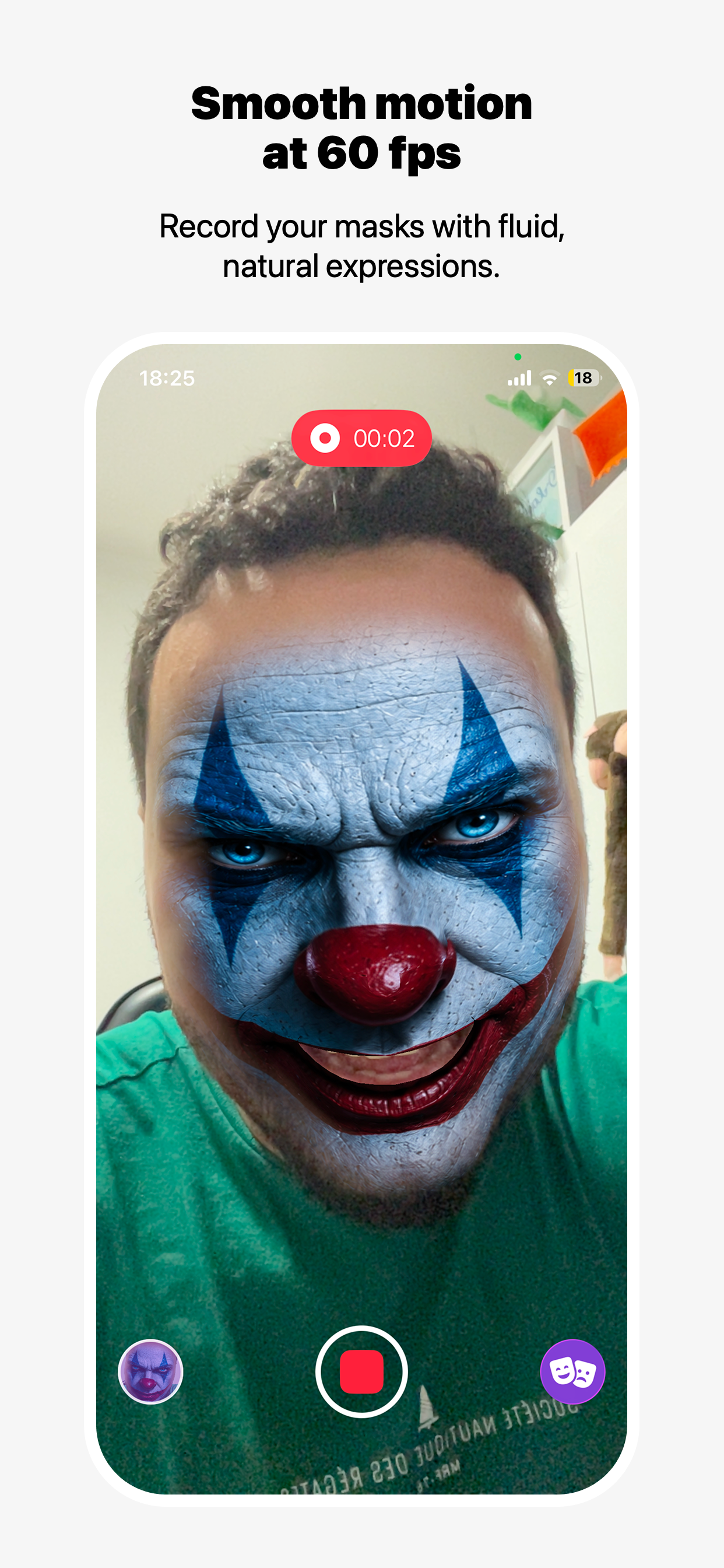 GiggleFace recording a video with a custom clown face mask.