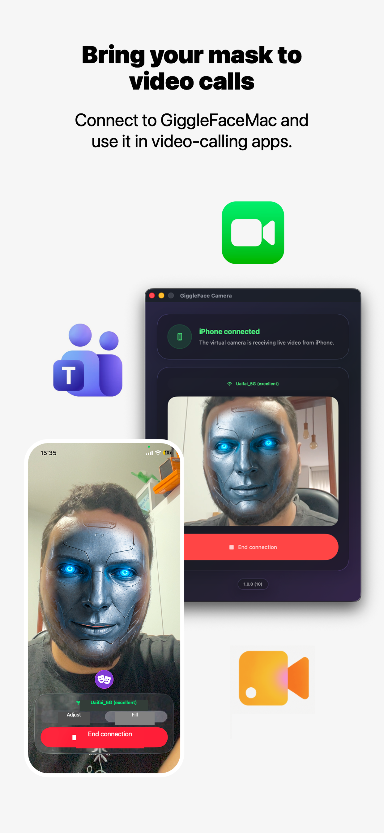 GiggleFaceCamera on Mac pairing with an iPhone and receiving a live masked video feed.