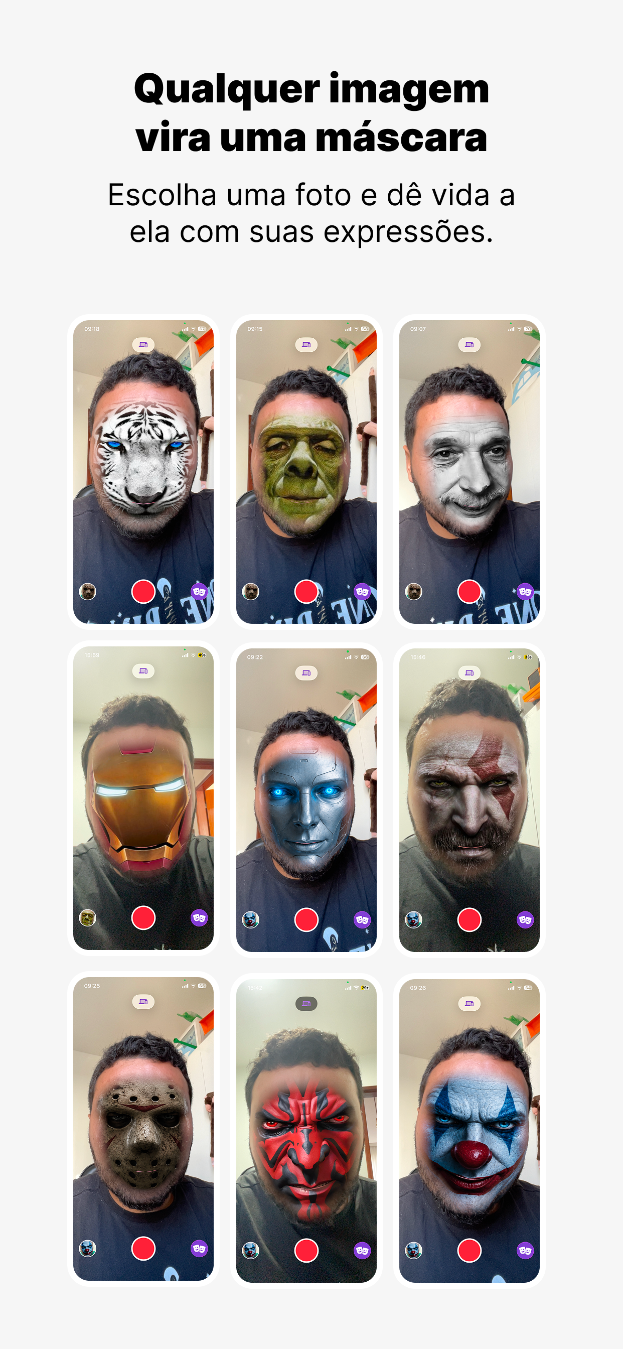 Prévias da câmera do GiggleFace com nove máscaras faciais personalizadas criadas a partir de imagens diferentes.