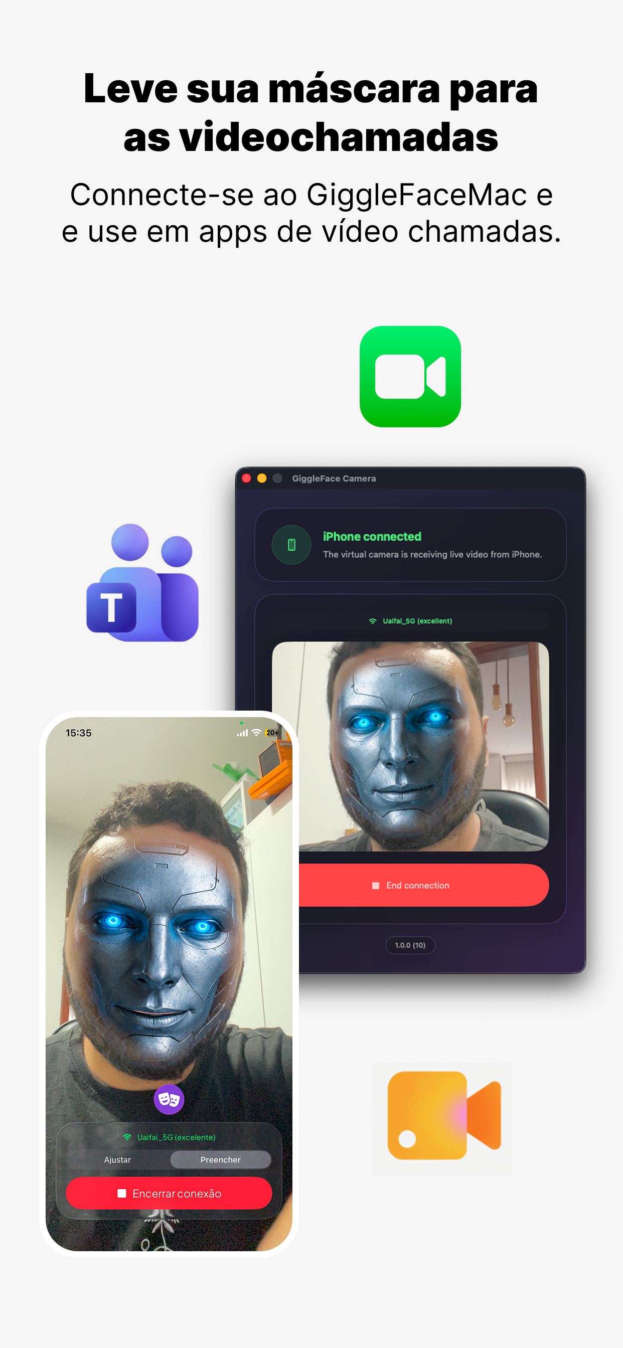 GiggleFaceCamera no Mac emparelhando com um iPhone e recebendo um vídeo ao vivo com máscara.