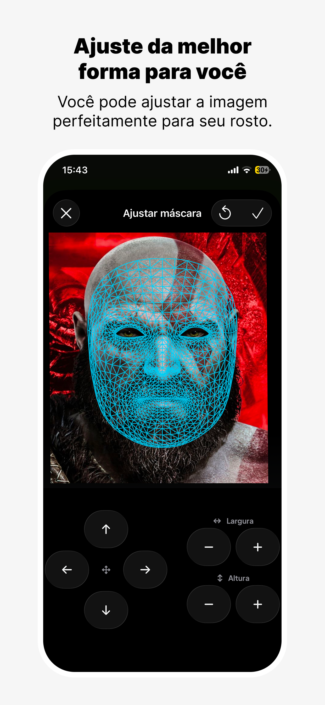 Editor de máscaras do GiggleFace alinhando uma malha facial sobre a imagem de um personagem.