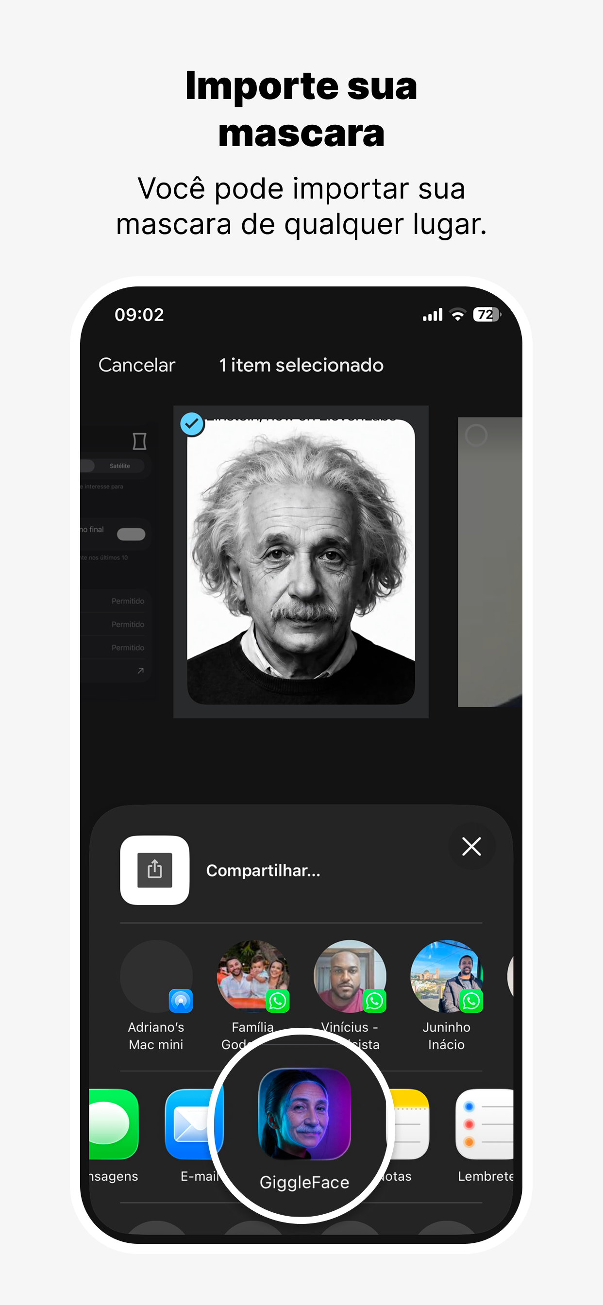 Imagem de máscara sendo importada para o GiggleFace pelo menu de compartilhamento do iPhone.