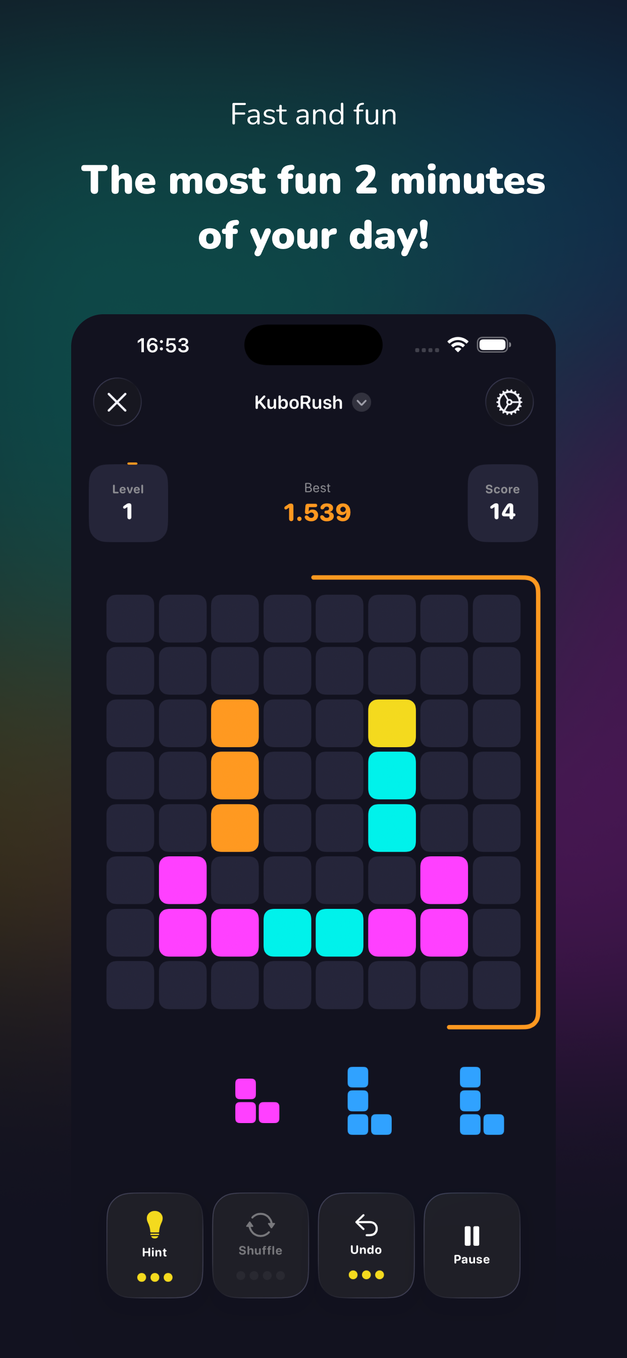 KuboRush start screen introducing quick, relaxing block puzzle breaks.