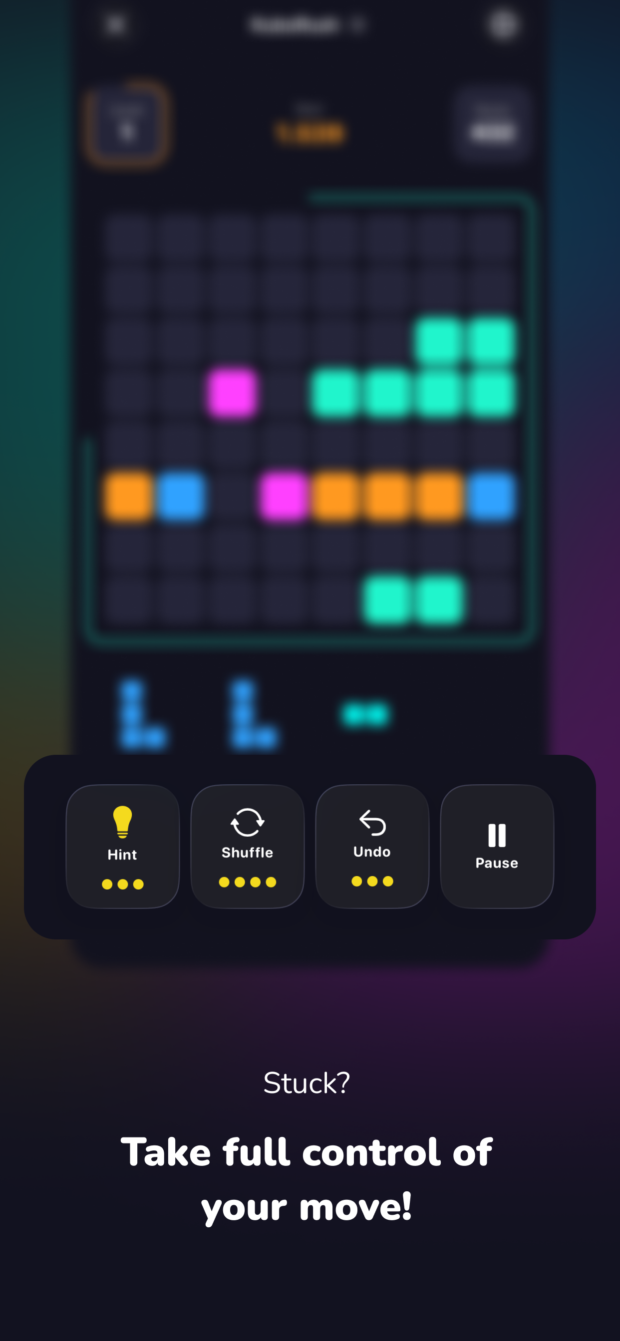 KuboRush board with pieces ready to place, rotate, shuffle, or solve with a hint.