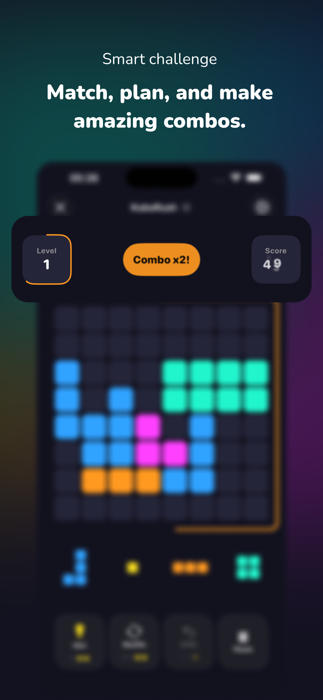 KuboRush gameplay showing cleared blocks, board strategy, and undo-friendly moves.
