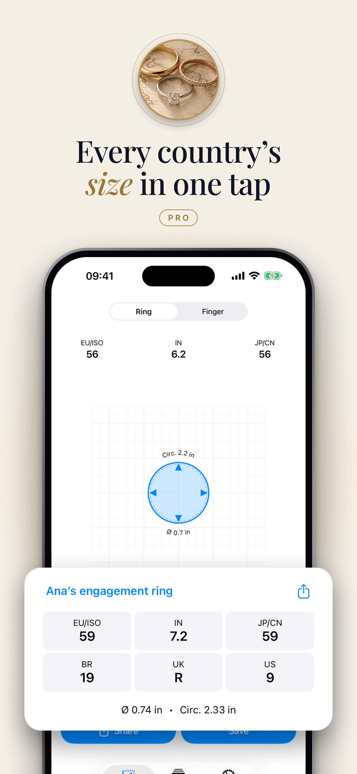 LoopSize conversion card showing a ring size in EU/ISO, IN, JP/CN, BR, UK and US standards with diameter and circumference.