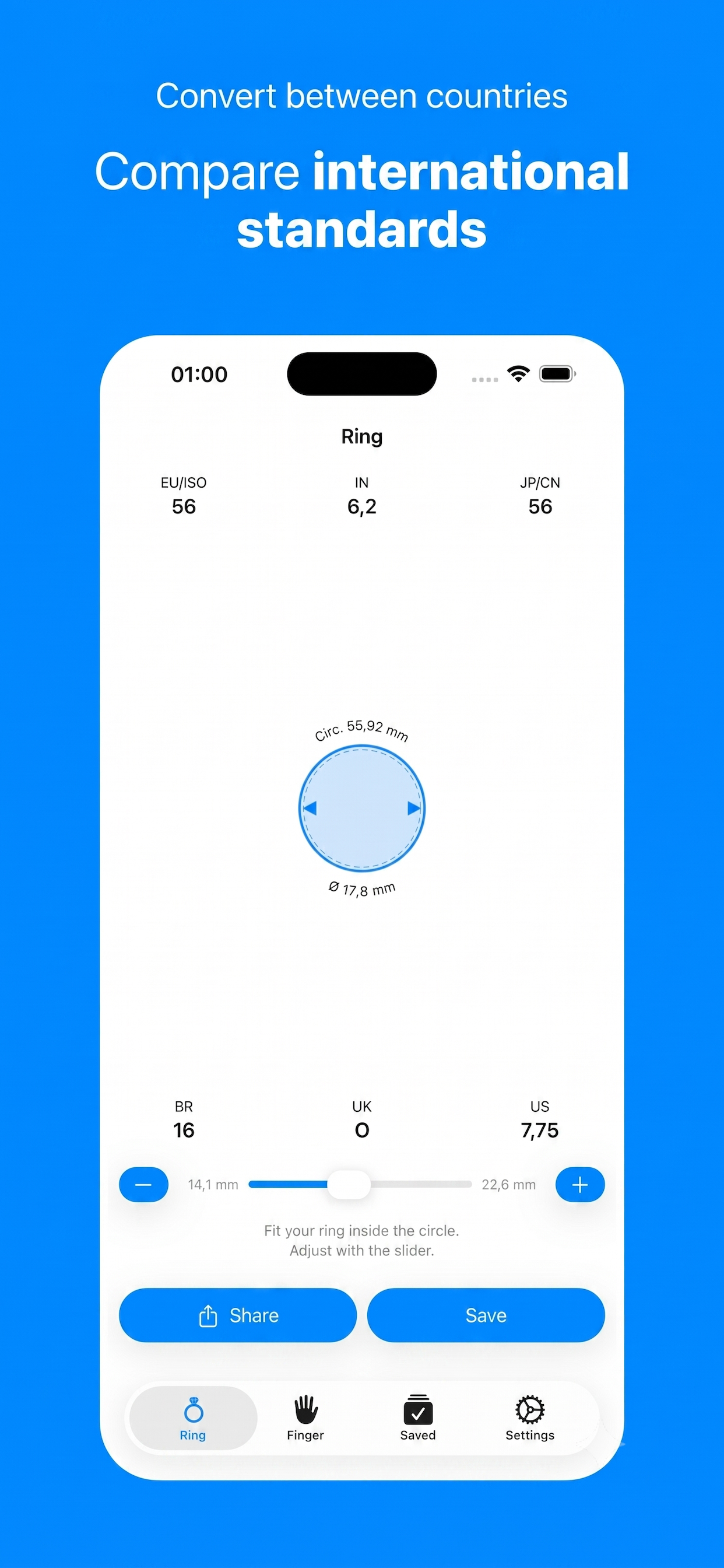 LoopSize conversion screen showing BR, US, UK, EU/ISO, JP, CN, and IN ring standards.