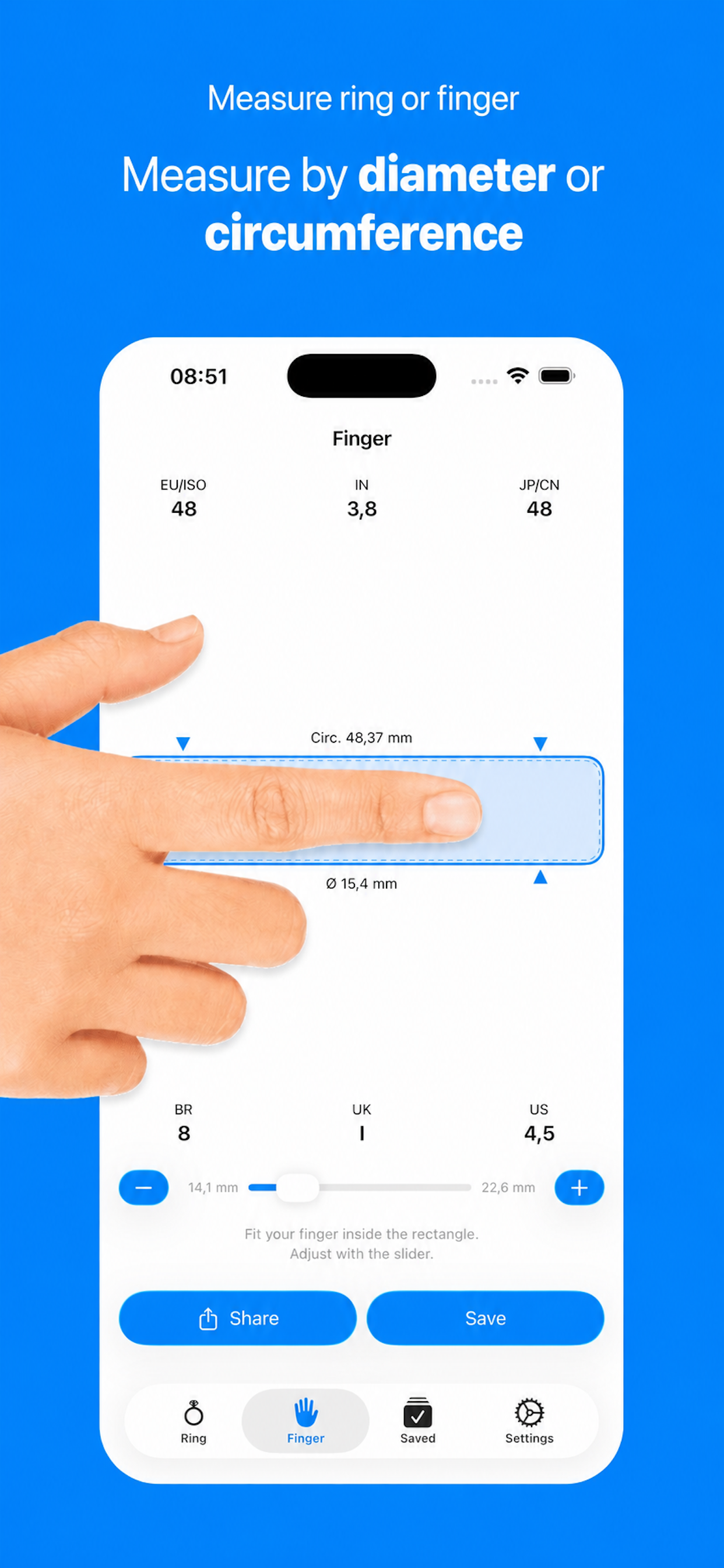 LoopSize dimensions screen with precise diameter and circumference values.