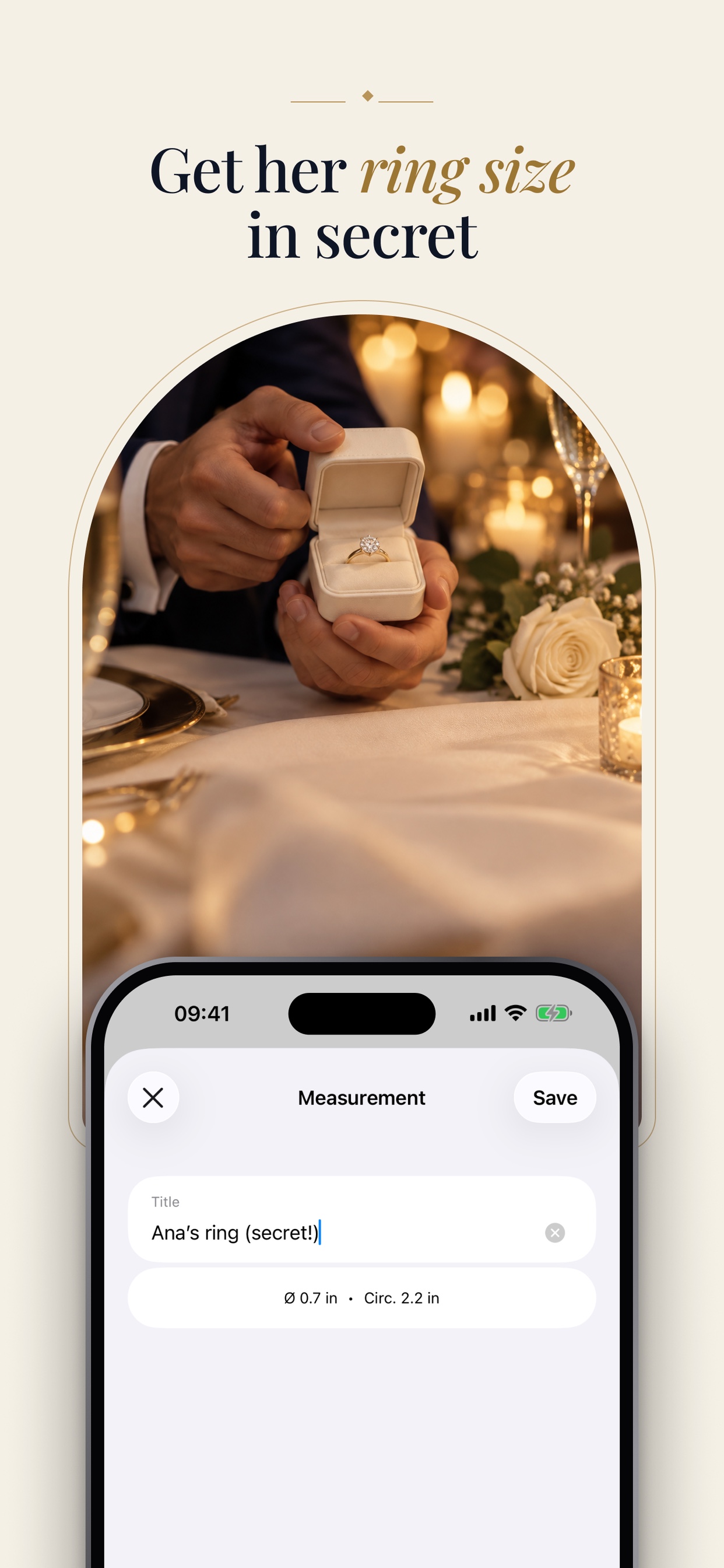 Engagement ring box on a candlelit table next to the LoopSize screen saving a secret ring measurement.