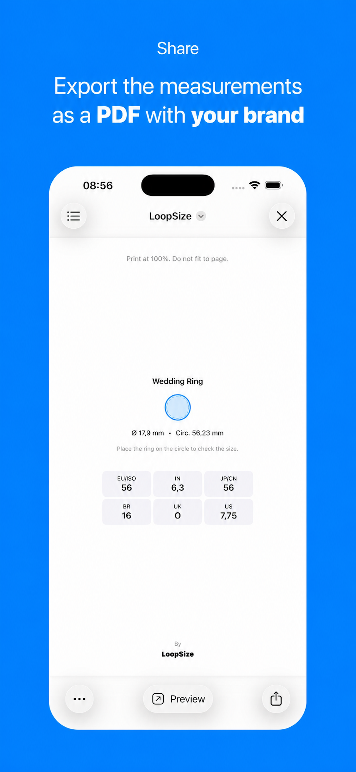 LoopSize PDF sharing screen with brand personalization for ring measurements.