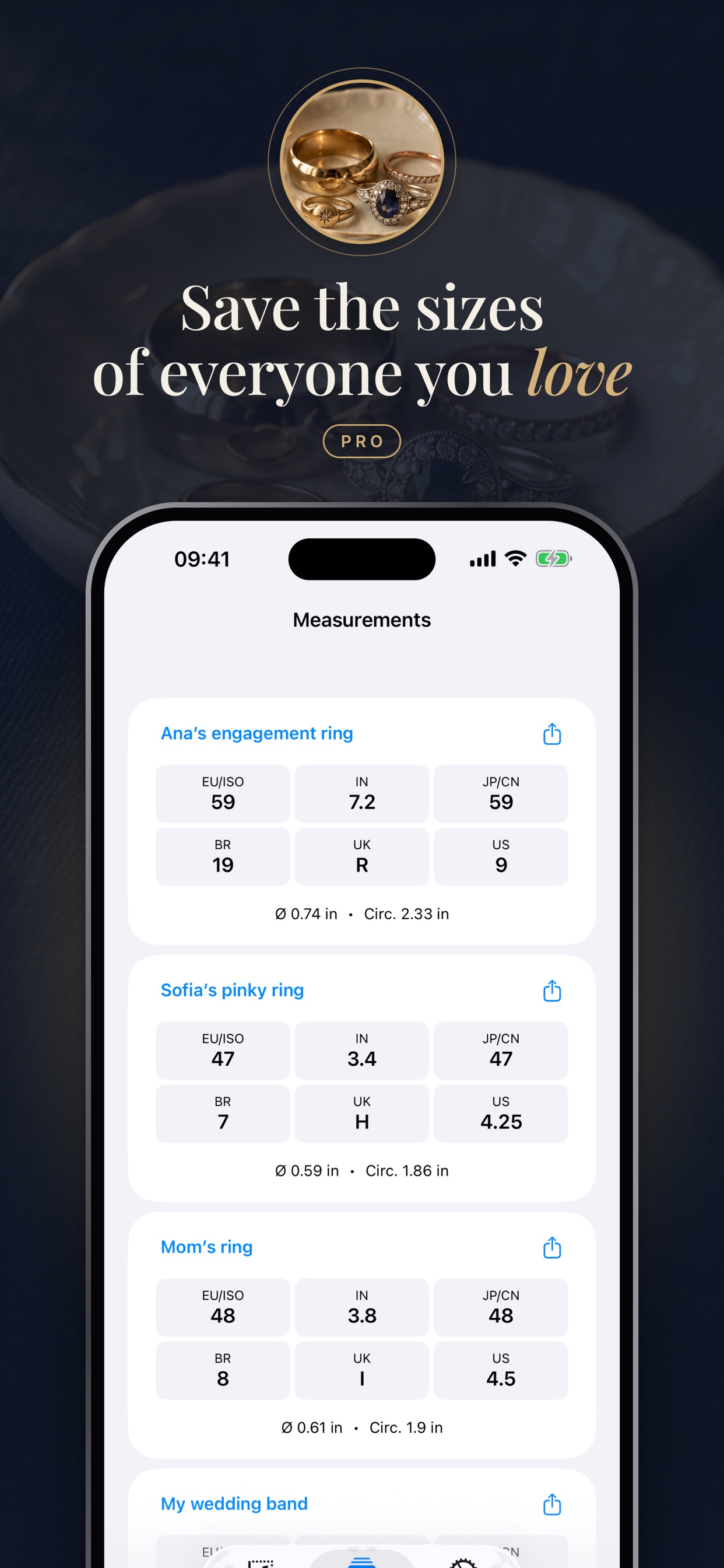 LoopSize saved measurements list with the ring sizes of different people.