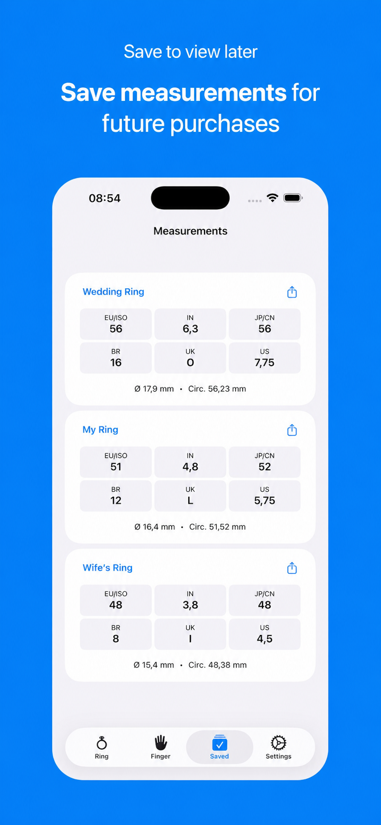LoopSize saved measurements screen with iCloud-synced ring sizes and preferences.