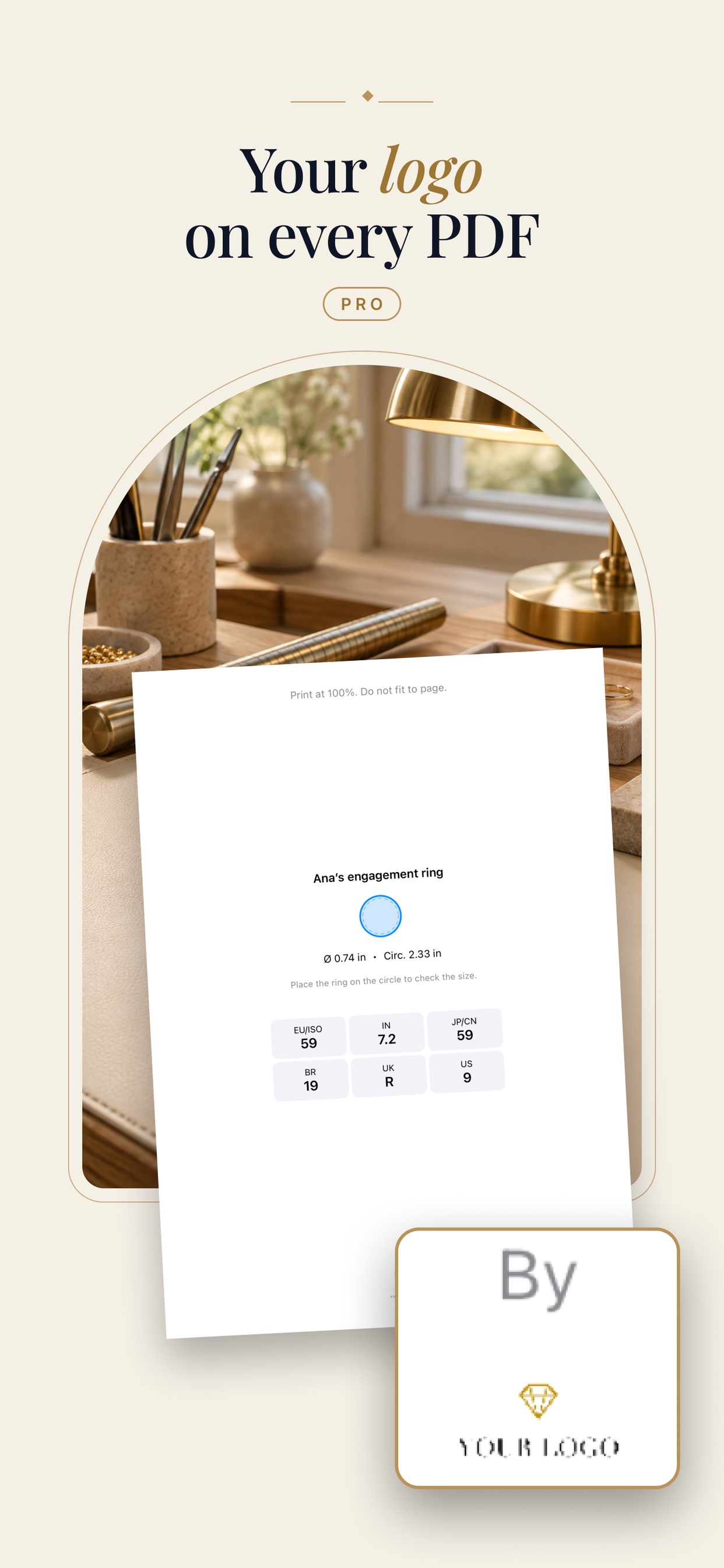 Printed LoopSize PDF with a ring measurement and a custom brand logo.