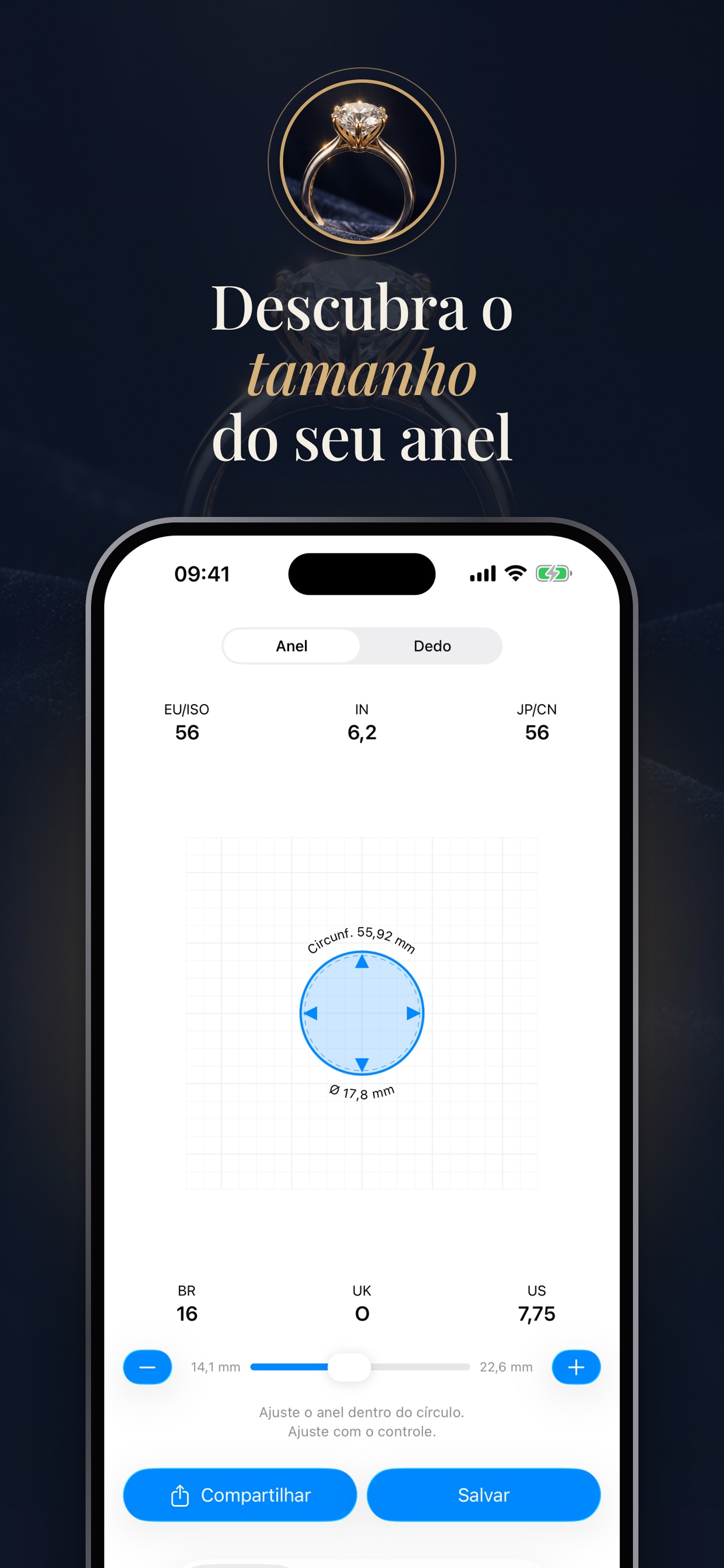 Tela de medição do LoopSize com um círculo para ajustar a um anel existente e os tamanhos EU/ISO, IN, JP/CN, BR, UK e US.