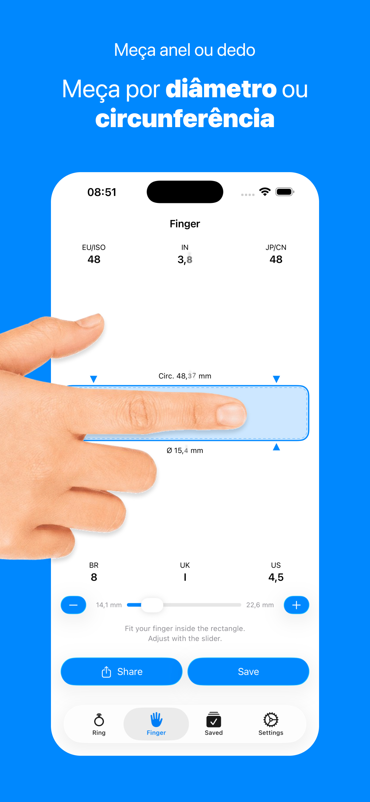 Tela de dimensões do LoopSize com valores precisos de diâmetro e circunferência.