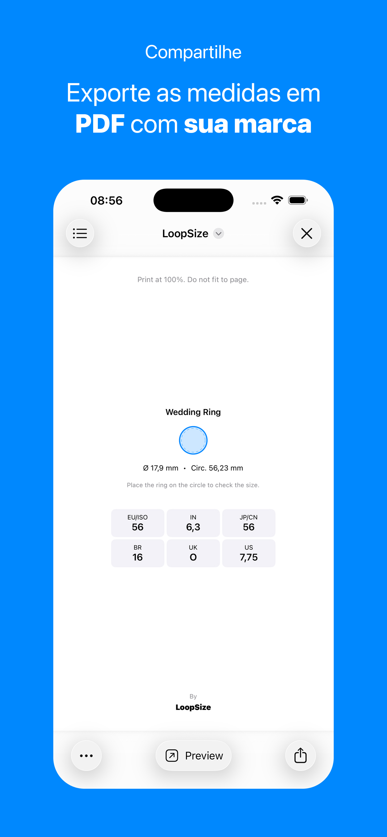 Tela de compartilhamento em PDF do LoopSize com personalização de marca para medidas de anel.