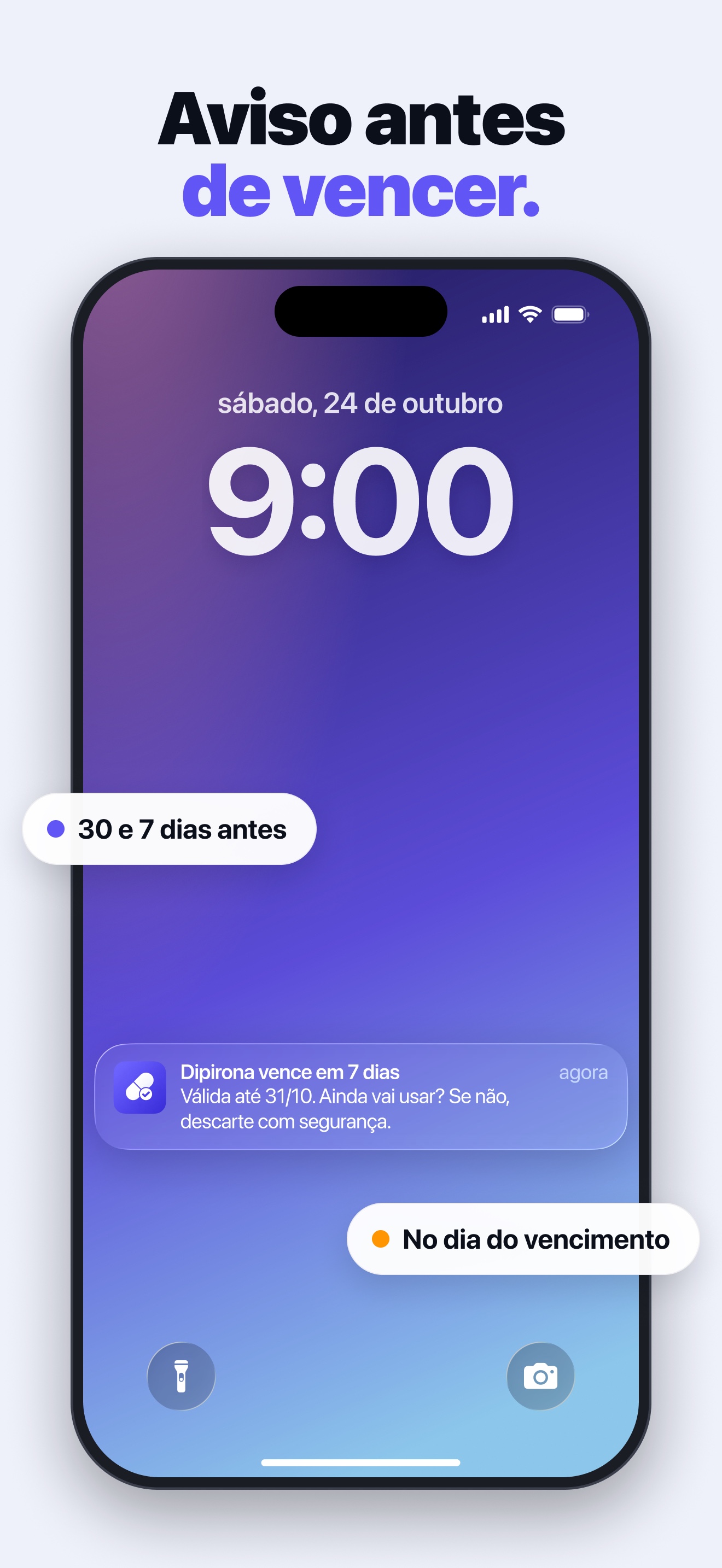 Pillo notification on the Lock Screen saying the dipyrone expires in 7 days (app in Portuguese).