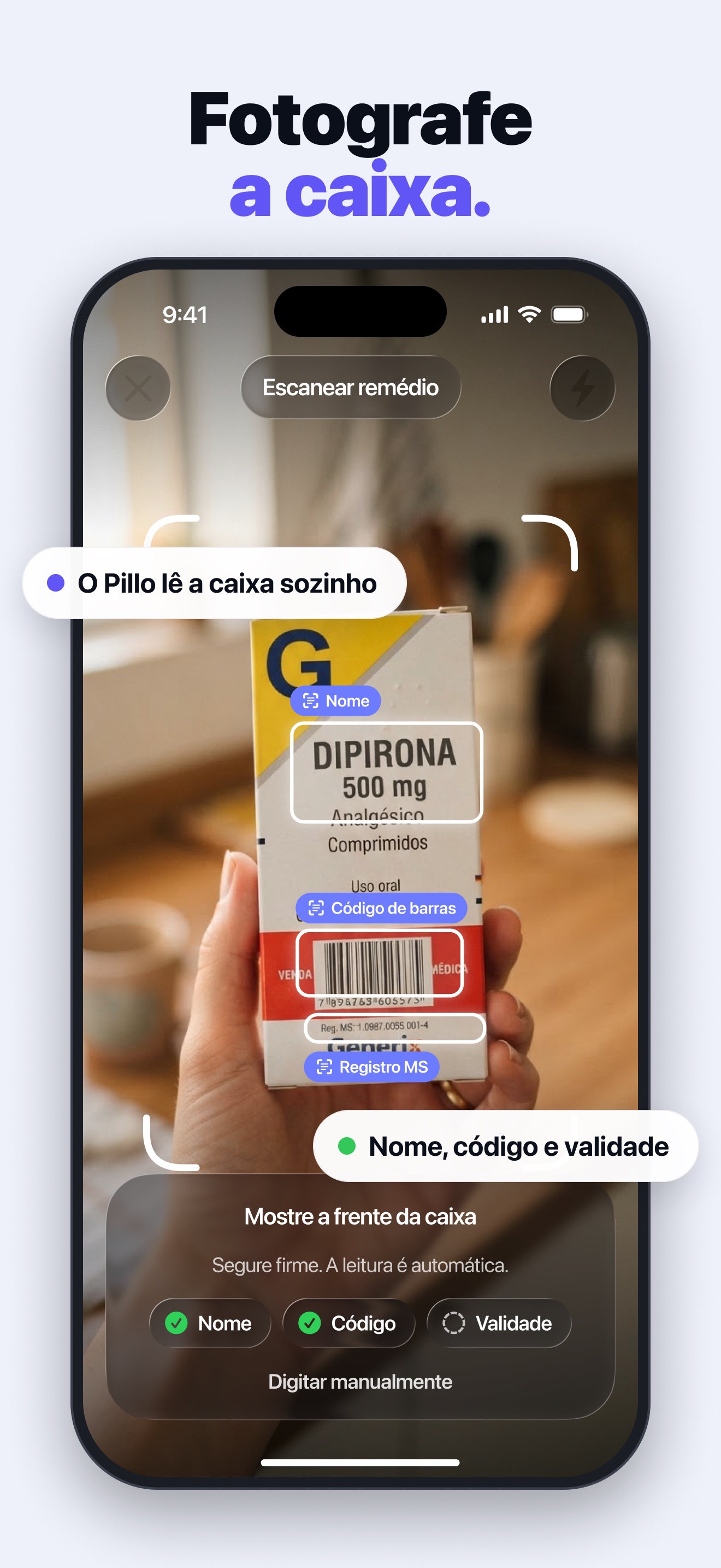 Pillo camera reading a medicine box, with the name, barcode and registration number highlighted (app in Portuguese).