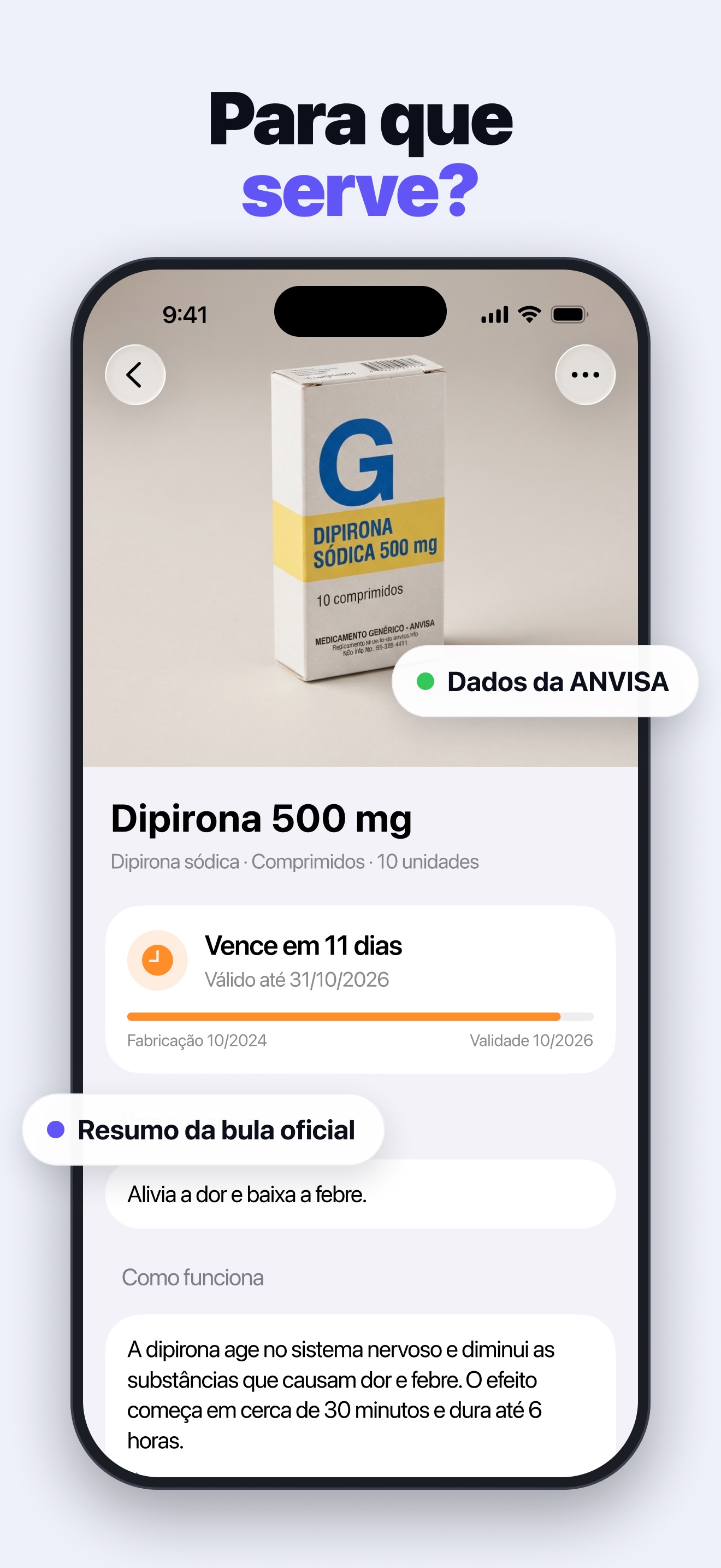 Dipyrone detail with the expiry date, what it is for and how it works, in plain words (app in Portuguese).