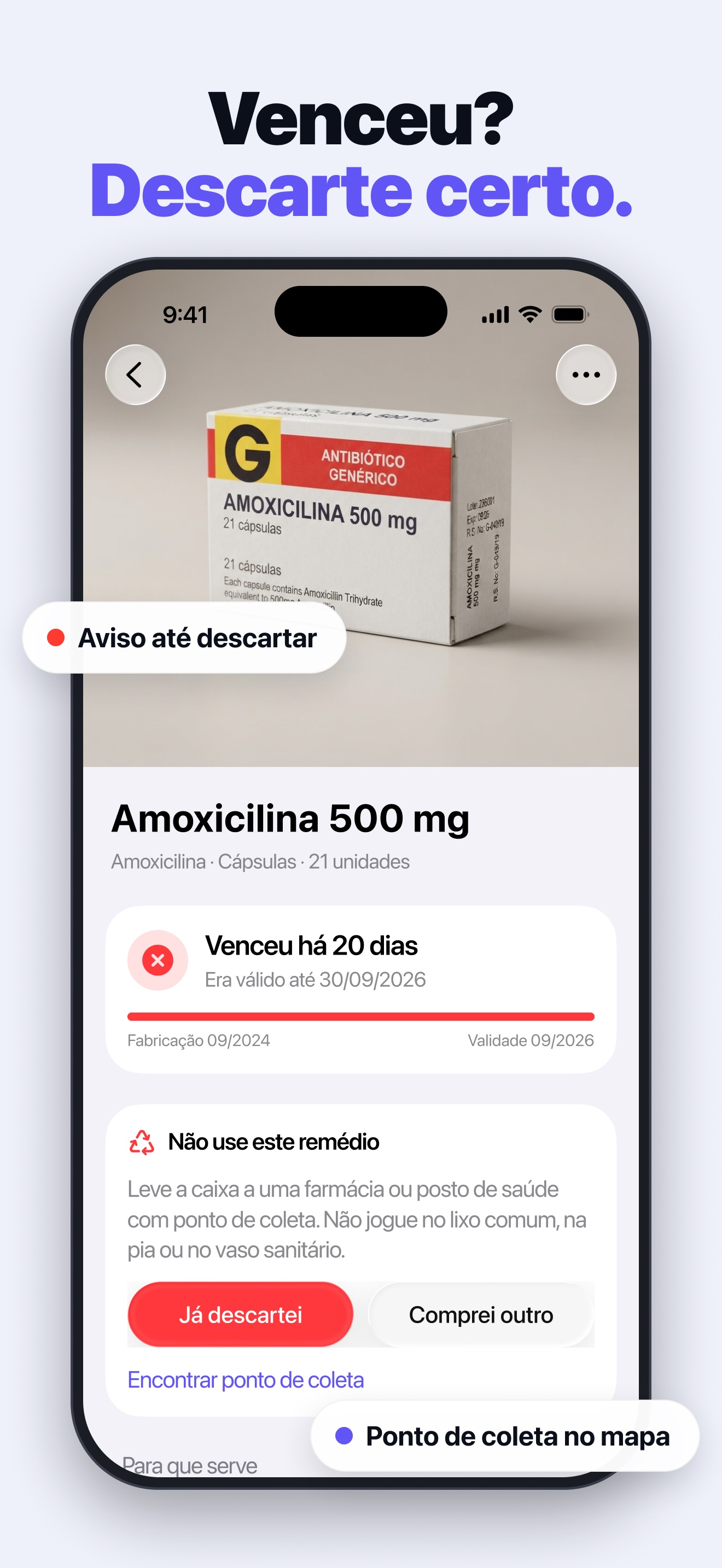 Expired medicine in Pillo with disposal guidance and the button to find a drop-off point (app in Portuguese).