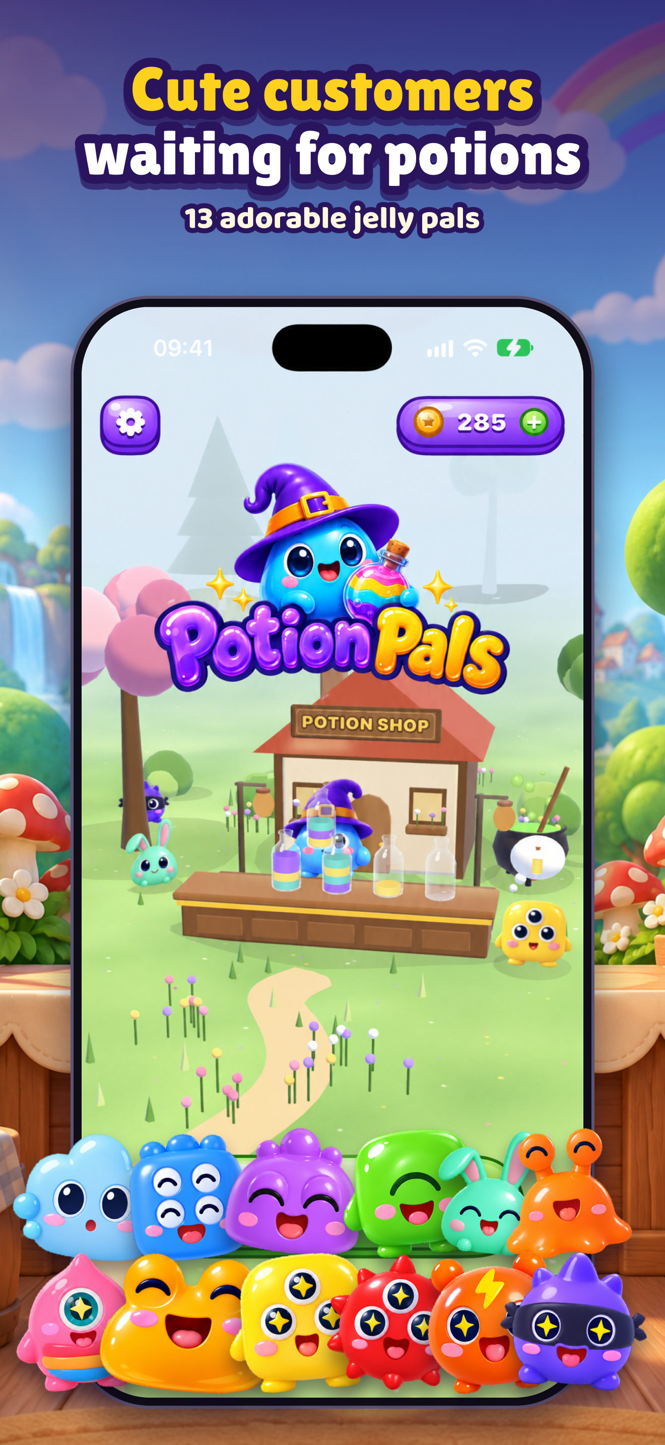 PotionPals 3D home screen with Master Pingo, the potion shop and the 12 jelly customers.