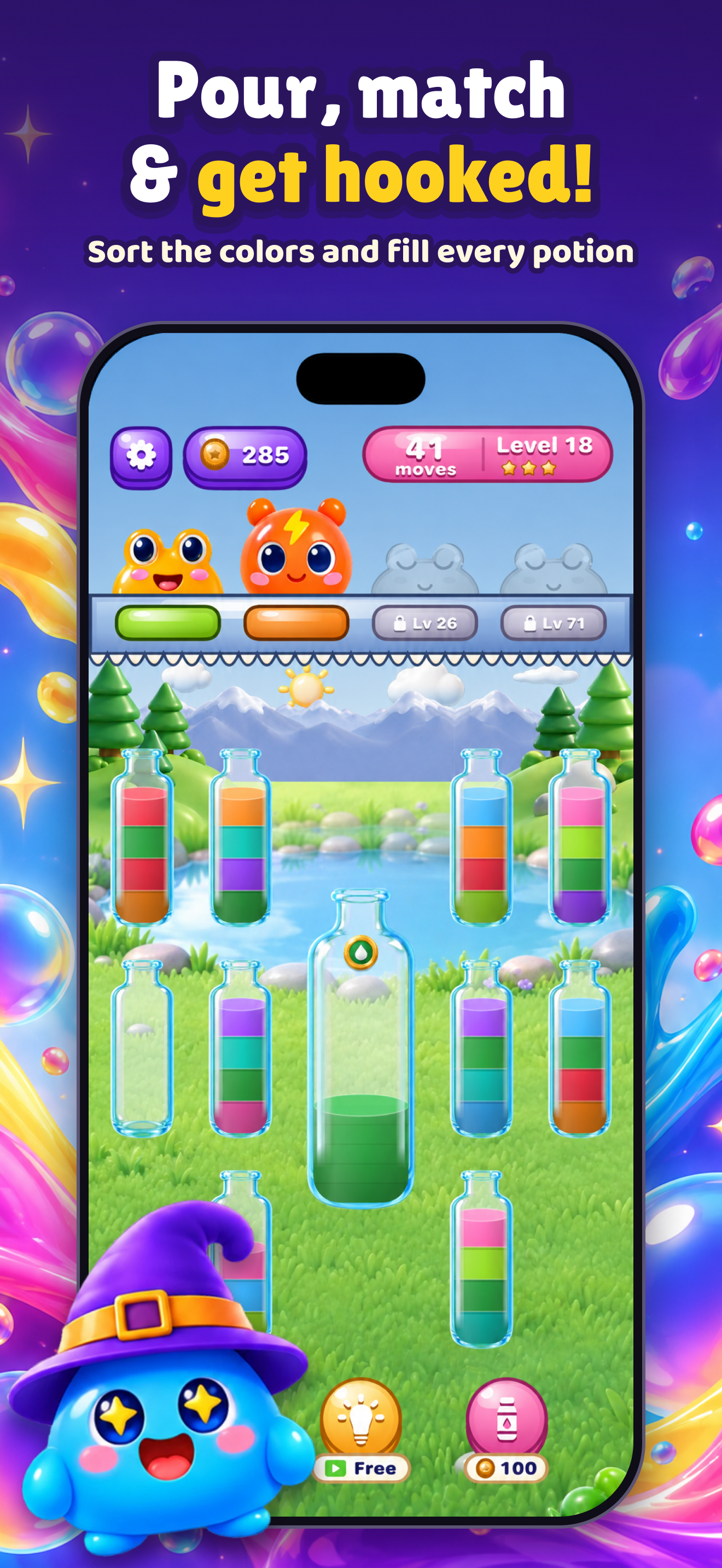 PotionPals level with jelly customers at the counter while bottles are sorted by color.