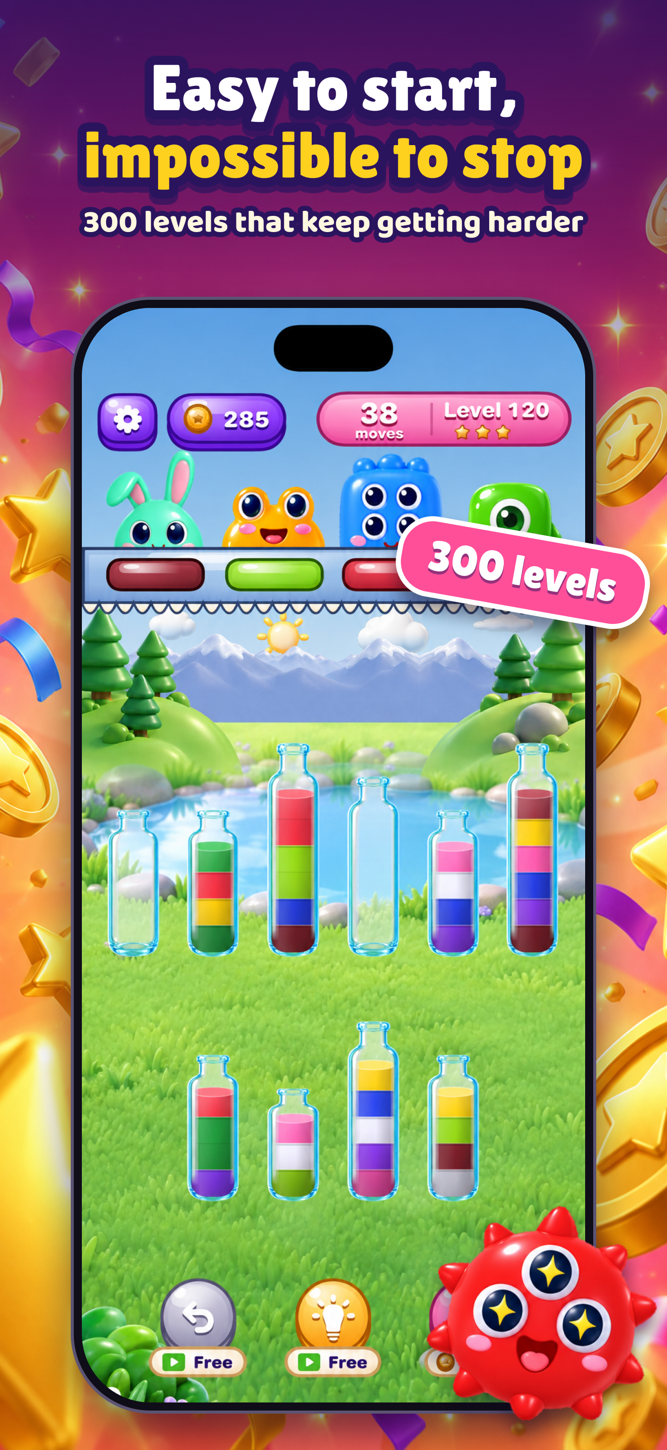 PotionPals very hard level with bottles of different sizes and the 300 levels badge.