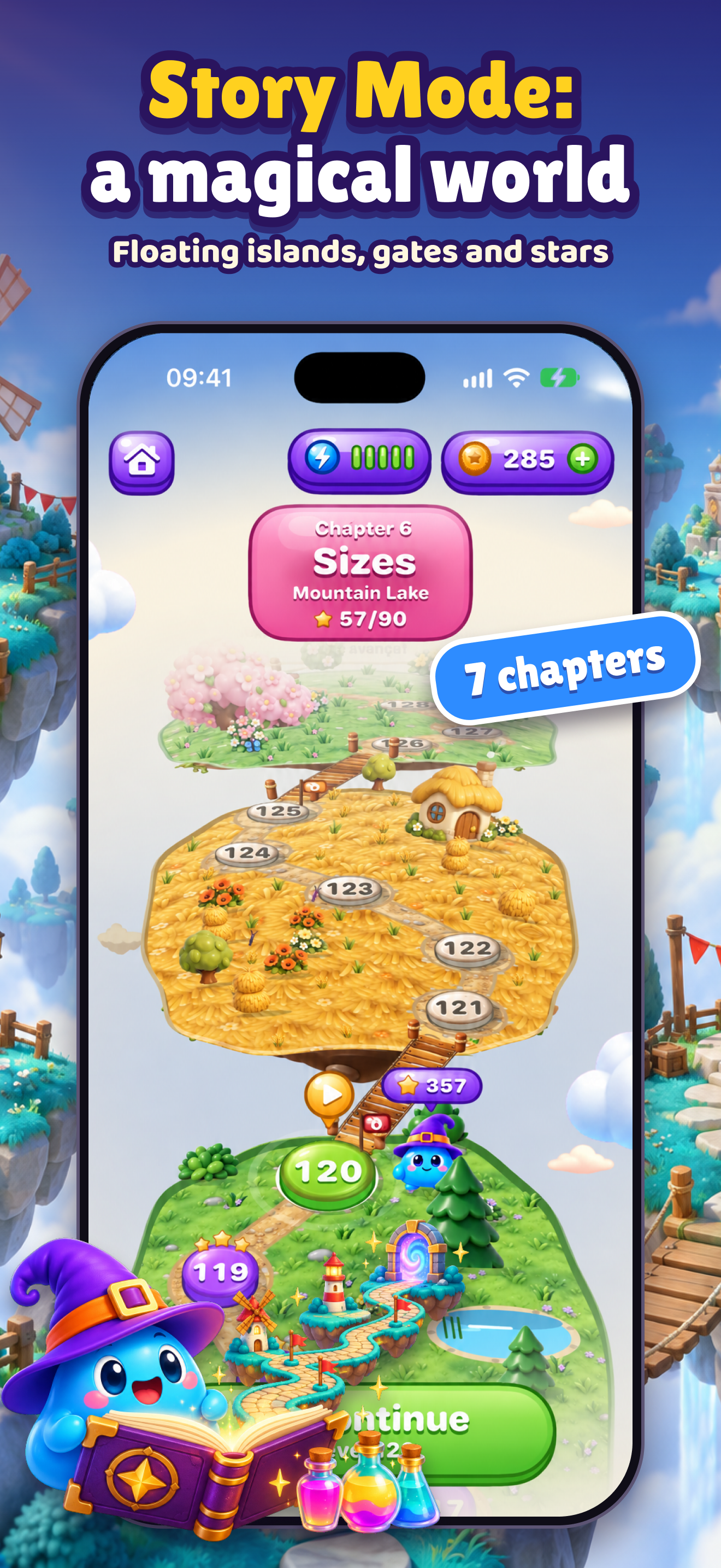 PotionPals Story mode map with floating islands, gates and stars across 7 chapters.