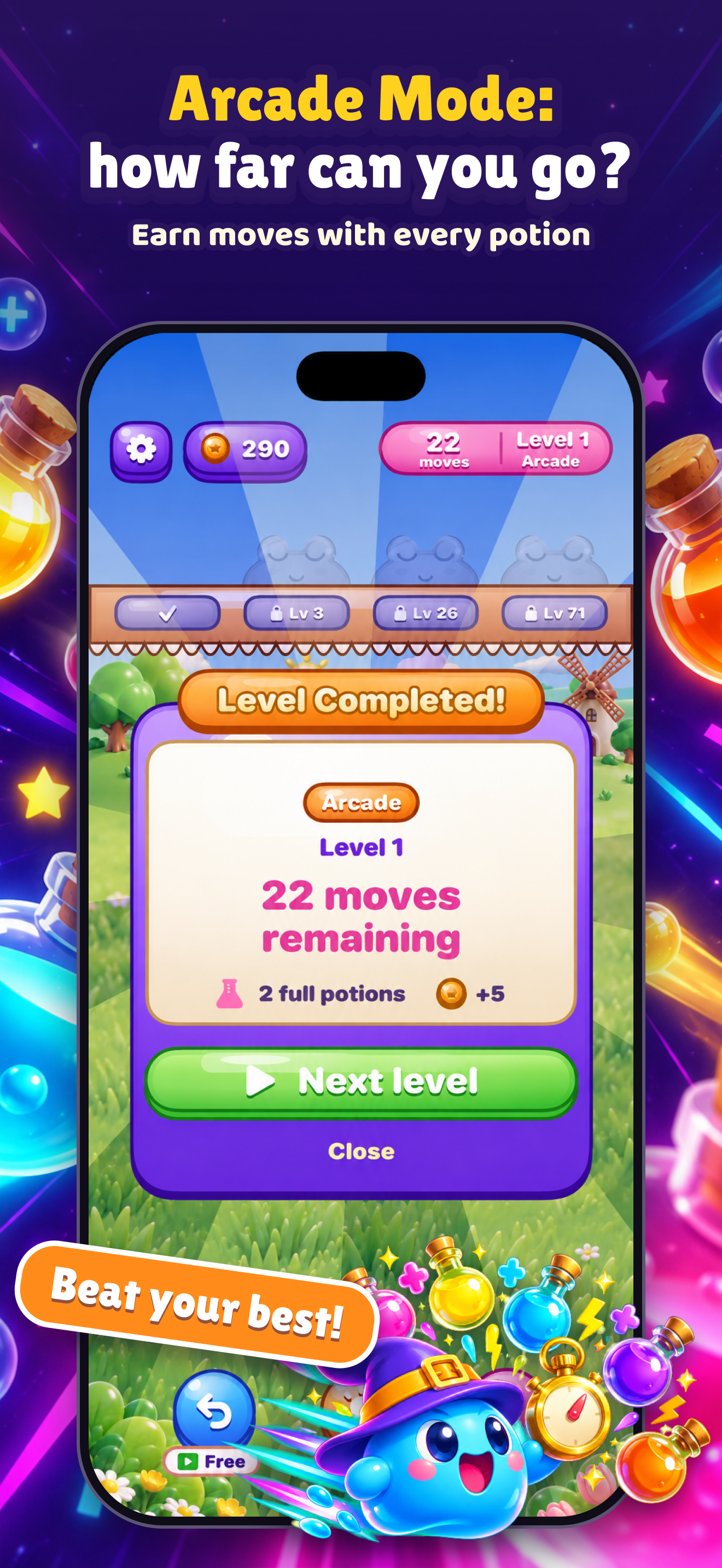 PotionPals Arcade level complete screen showing the remaining moves.