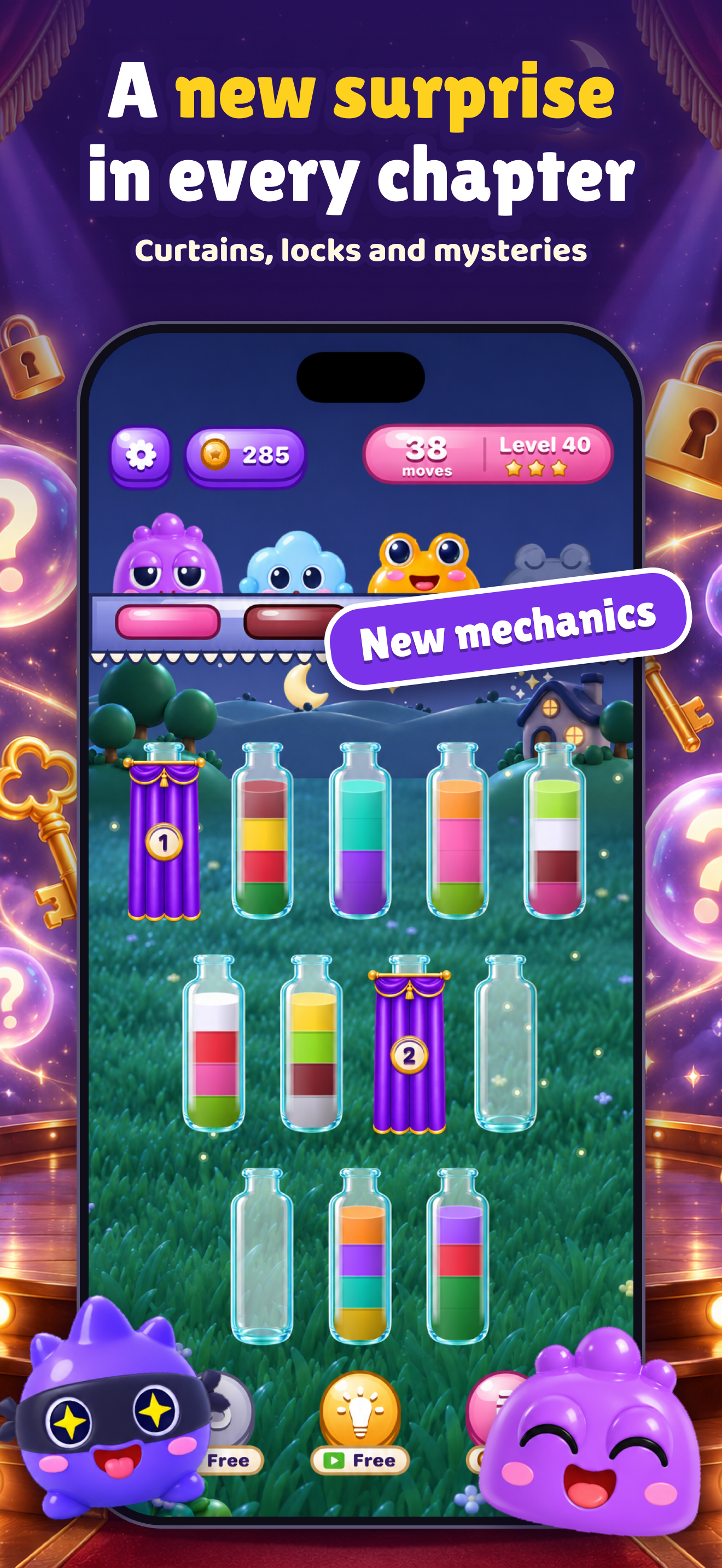 PotionPals night level with curtains and locks hiding the bottles.