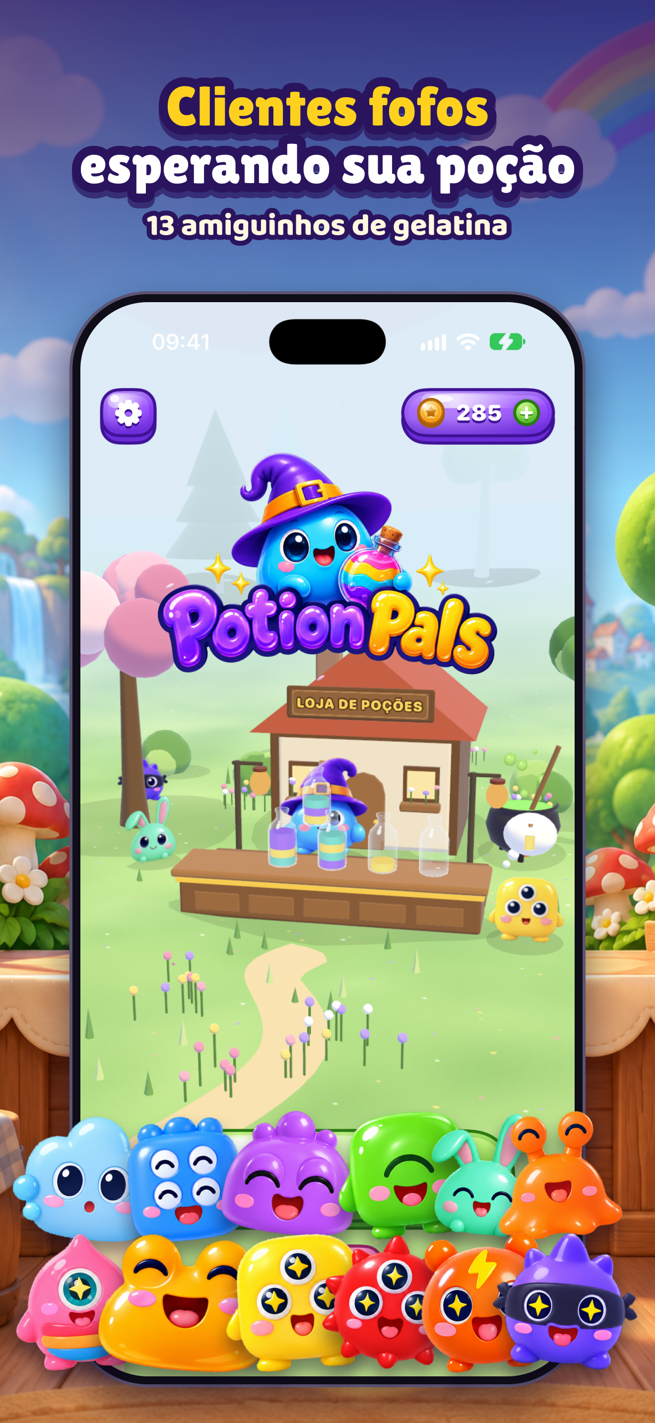 Home 3D do PotionPals com o Mestre Pingo, a loja de poções e os 12 clientes de gelatina.