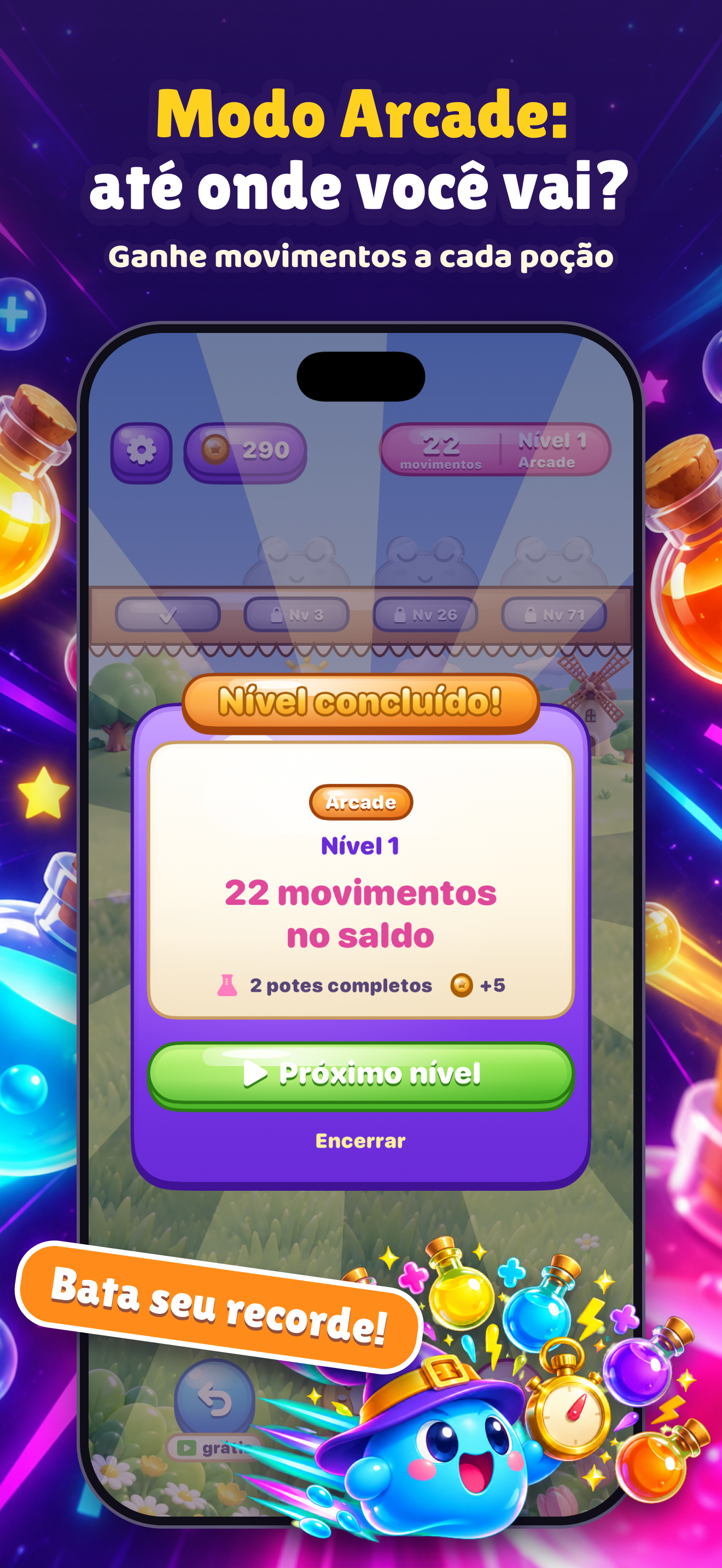Tela de nível concluído do modo Arcade do PotionPals com o saldo de movimentos.