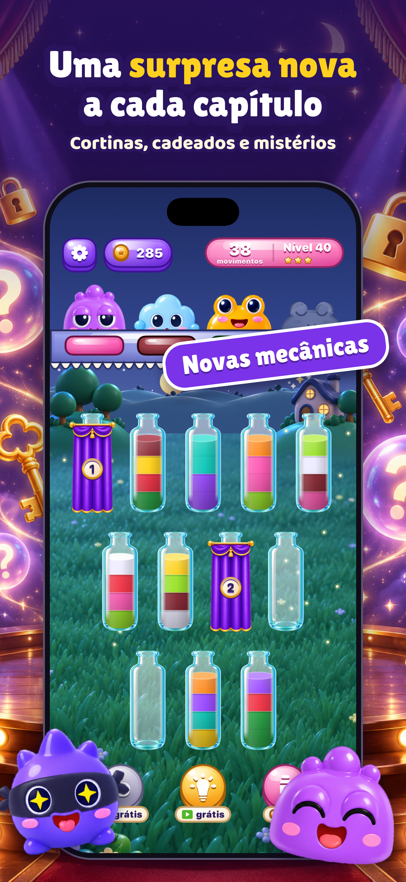 Nível noturno do PotionPals com cortinas e cadeados escondendo os frascos.