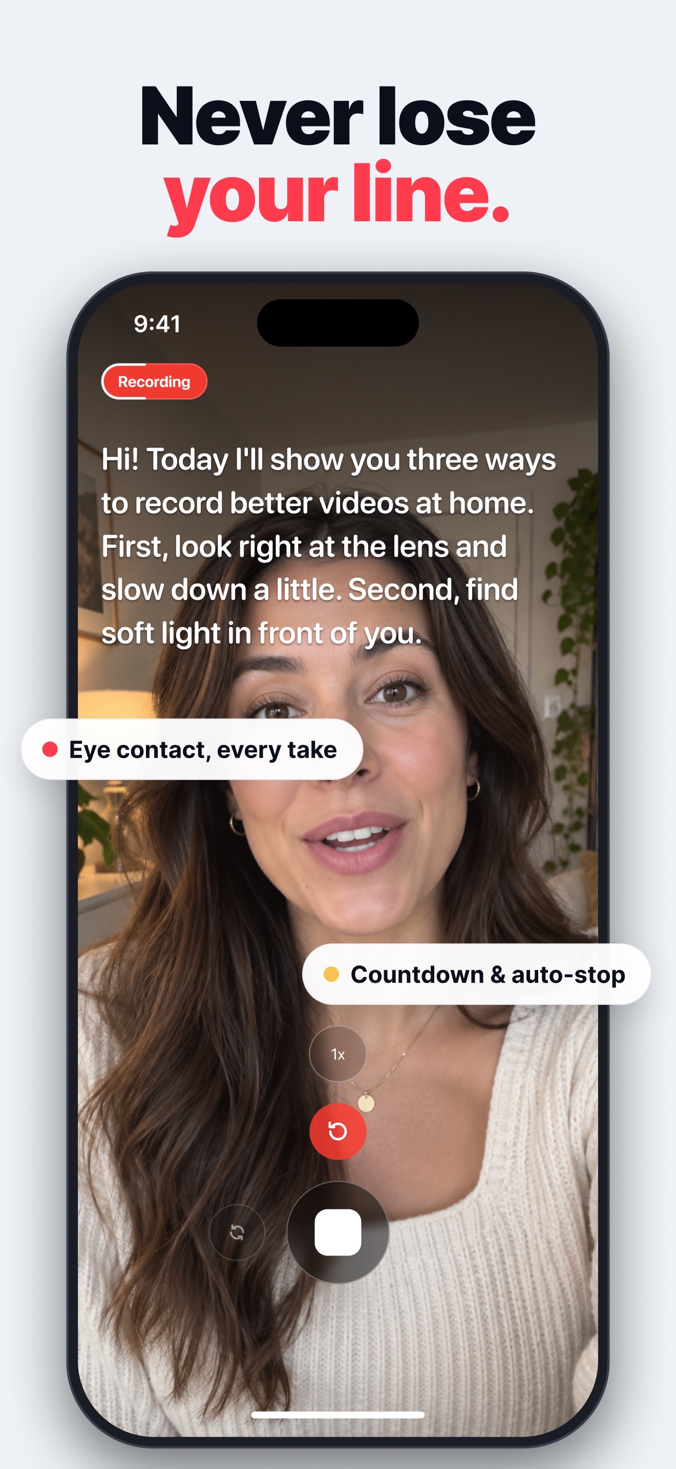 TelePro recording with the script scrolling over the front camera, plus the countdown and auto-stop controls.