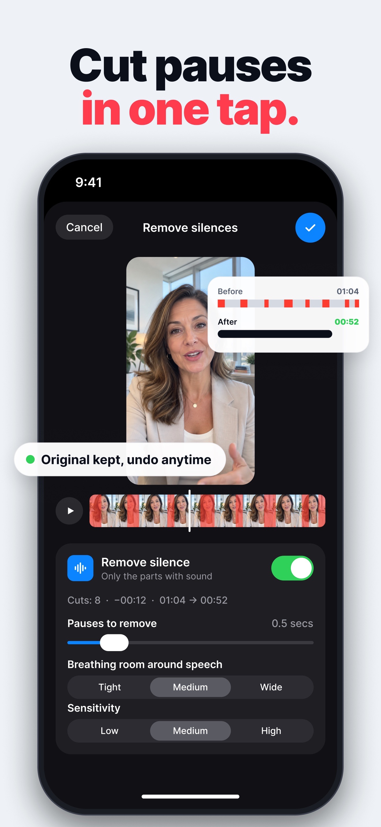 TelePro remove silences screen with the pauses marked in red on the timeline and the before and after duration.