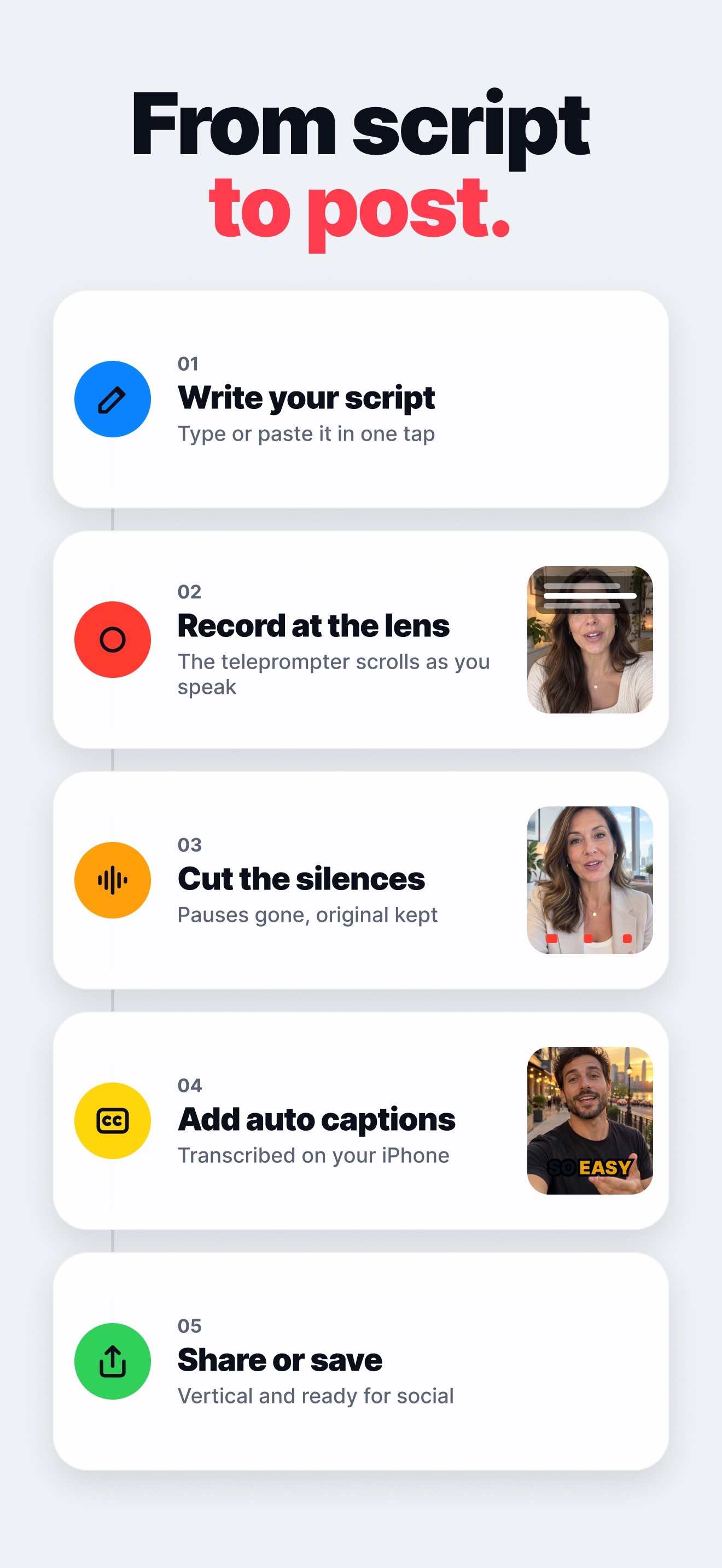 Five steps from script to post: write the script, record at the lens, cut the silences, add auto captions and share.