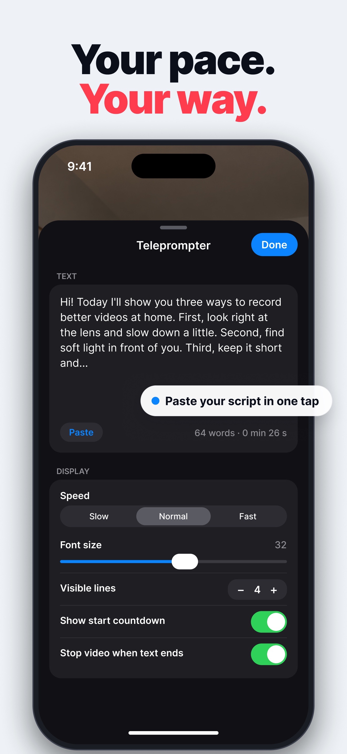 TelePro teleprompter settings with the script, speed, font size, visible lines, countdown and automatic stop.
